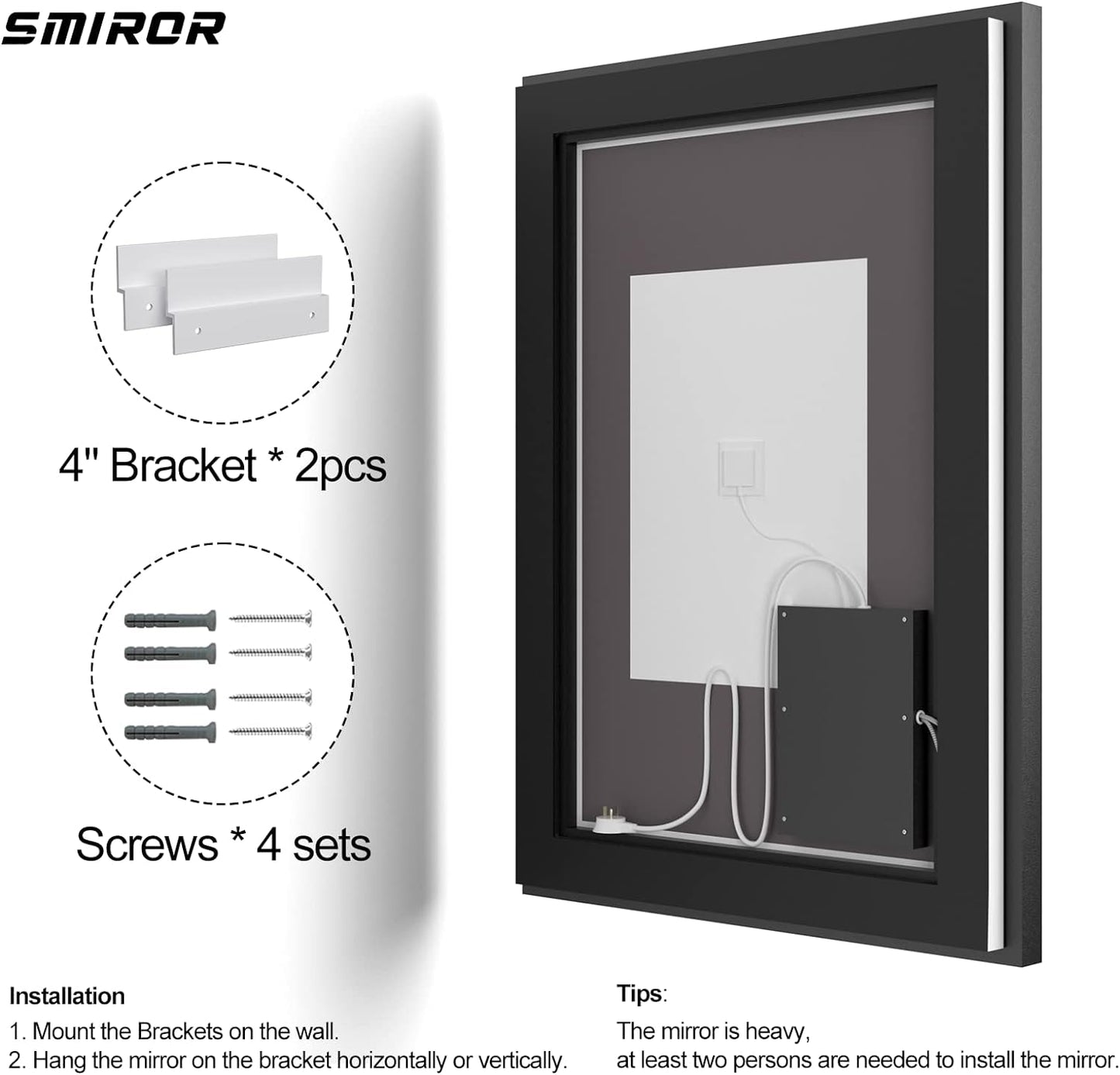 SMIROR 24x 36 LED Mirrors Bathroom Wall, Lighted Vanity Mirrors with Lights, Dimmable, Anti-Fog, Memory, Shatterproof, ETL Listed (Front and Backlit)