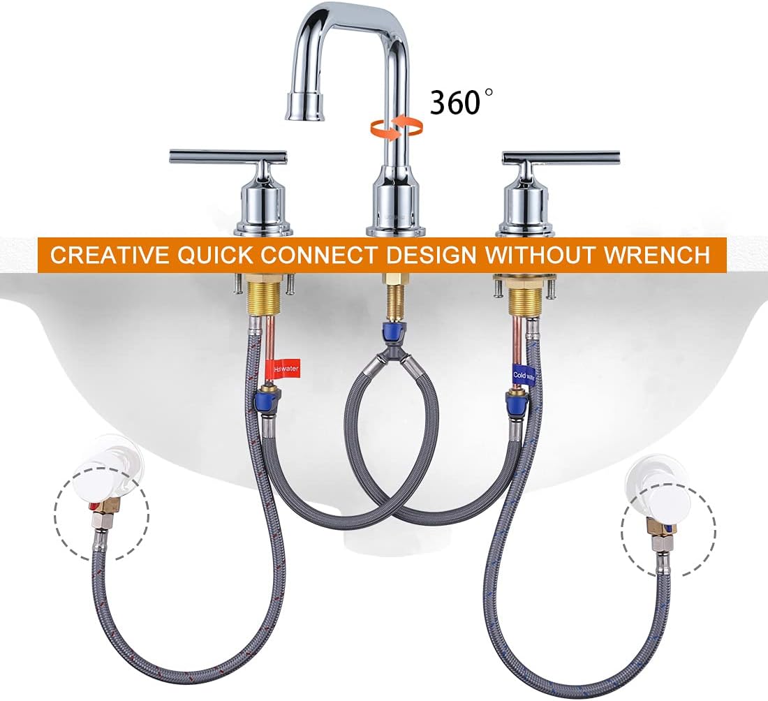 WOWOW Widespread Bathroom Faucet Chrome 8 inch Bathroom Sink Faucet Adjustable 3 Pieces Basin Faucets 360° Swivel Spout Modern Lavatory Faucet Vanity Faucets Water Supply Lines Quick Install Pipe