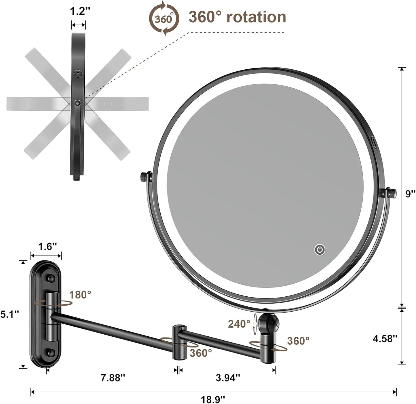9" Wall Mounted Makeup Lighted Mirror, 4000mAh Rechargeable Double Sided LED Vanity Mirror with Height Adjustable&1X/10X Magnification, 3 Color Lights Touch Screen Dimmable 360°Swivel Bathroom Mirror