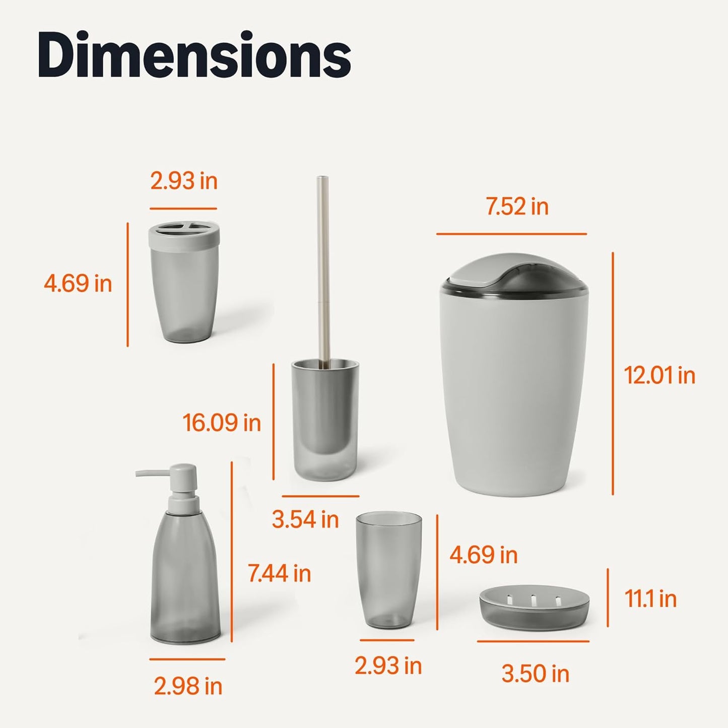 Amazon Basics 6 Pieces Bath Coordinate Set with Toothbrush Holder, Soap Dispenser and Soap Dish, Toothbrush Cup, Trash Can and Toilet Brush & Holder, Grey