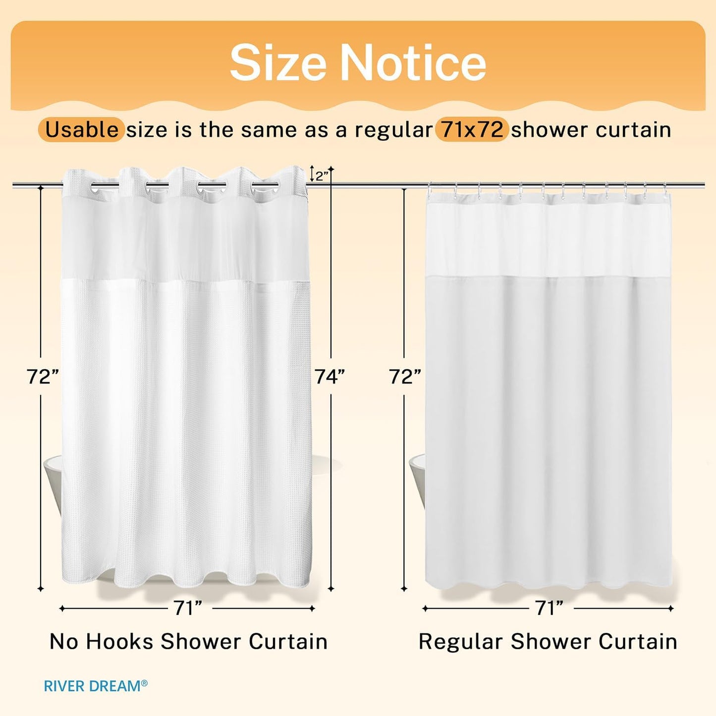 River Dream Heavyweight No Hooks Required Dotted Waffle Weave Shower Curtain with Snap in Liner,Bathroom Curtains Shower Set - 71W x 74H,Hotel Grade,Spa Like Bath Curtain,White