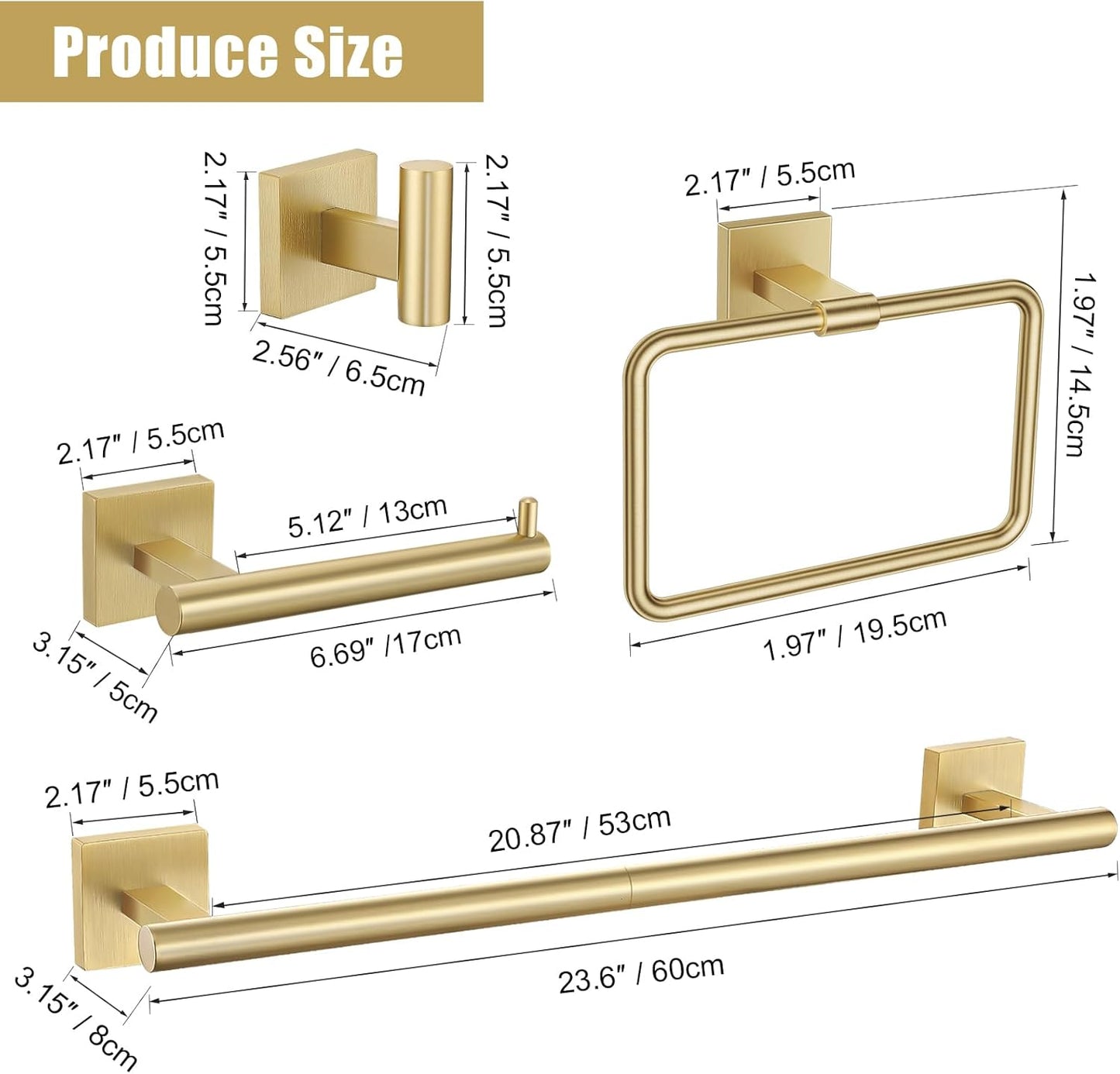 TNOMS Gold Towel Bar Set 5-Piece Brushed Gold Bathroom Hardware Accessories Set Include 23.6in Towel Bar Toilet Paper Holder Towel Ring Towel Hooks,Stainless Steel Towel Holder Set Wall-Mounted