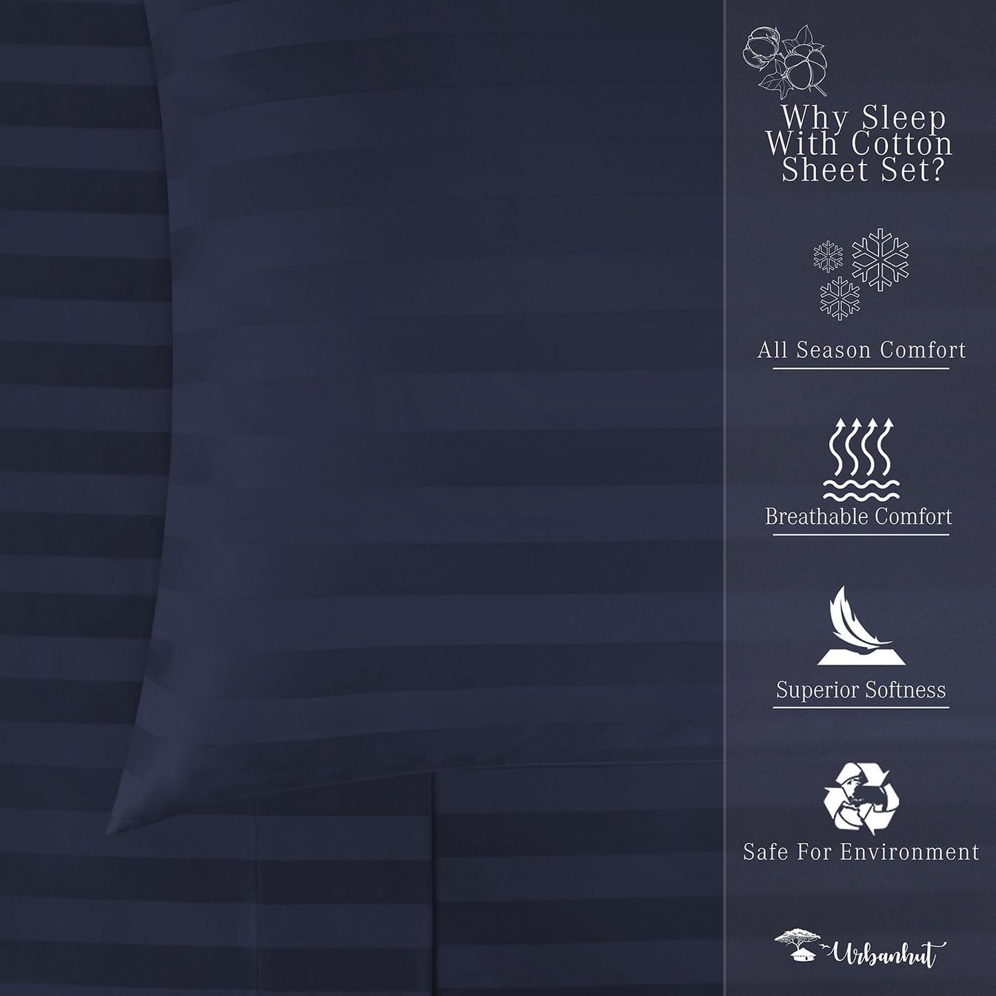 URBANHUT 1000 Thread Count Damask Striped Queen Sheet Set Egyptian Cotton Sheets, Long Staple Soft & Breathable, 4 Pc Bed Sheet Sets, Luxury Hotel Sateen Sheets Fits 16" Deep Pocket - Navy Blue