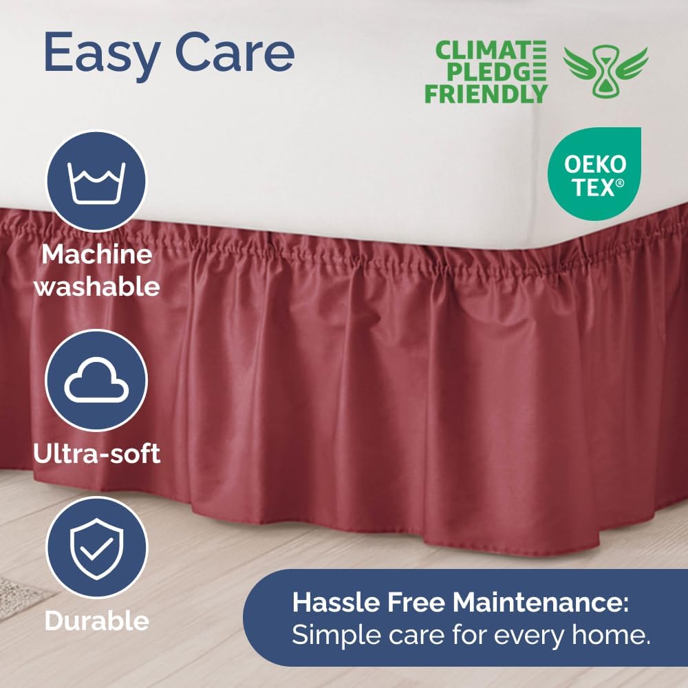 Wrap Around Dust Ruffle Bed Skirt - Burgundy - for Full Size Beds with 21 Inch Drop - Easy Fit Elastic Strap - Adjustable Pleated Bedskirt w/Brushed Fabric Wrinkle Free - for Women, Men, Kids & Teens