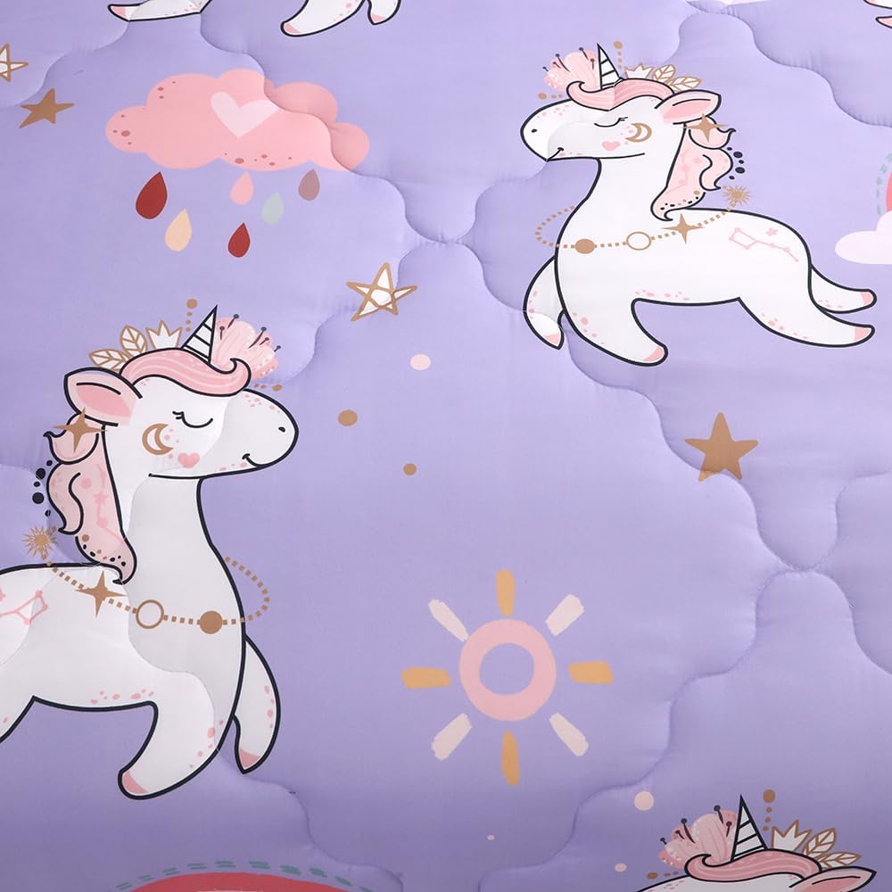 Wajade Kids Purple Unicorn Comforter Set Bed in A Bag Full Size 7 Piece Cute Unicorn Rainbow Clouds Bedding Set for Girls (1 Comforter, 1 Flat Sheet, 1 Fitted Sheet, 2 Pillowcase and 2 Pillow Sham)