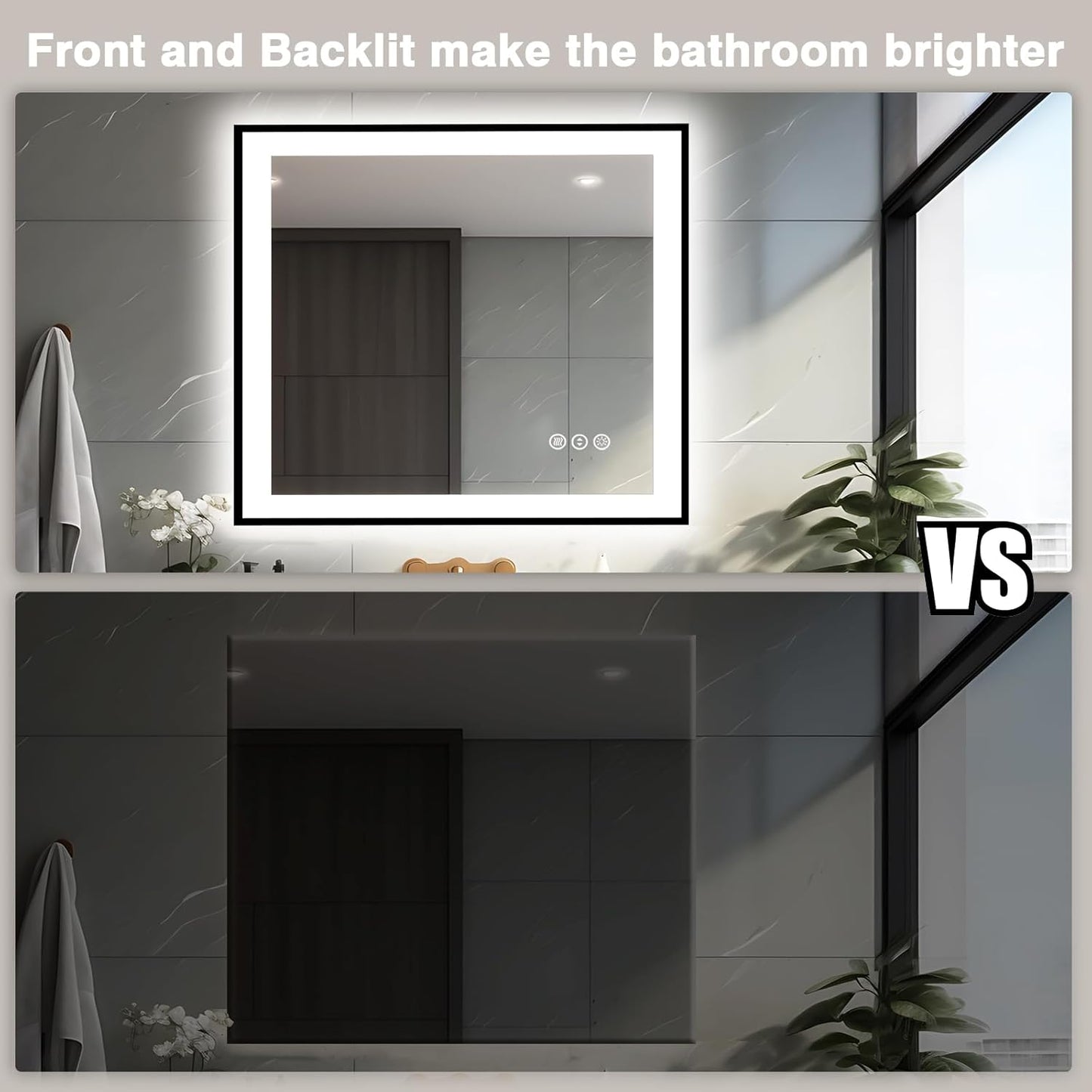 40x38 Lighted Mirrors for Bathroom Wall - Black Aluminum Framed (Front and Backlit), Anti-Fog LED Vanity Mirror, Shatter-Proof Lighted Mirror, 3 Colors Memory Mirror (Horizontal/Vertical)