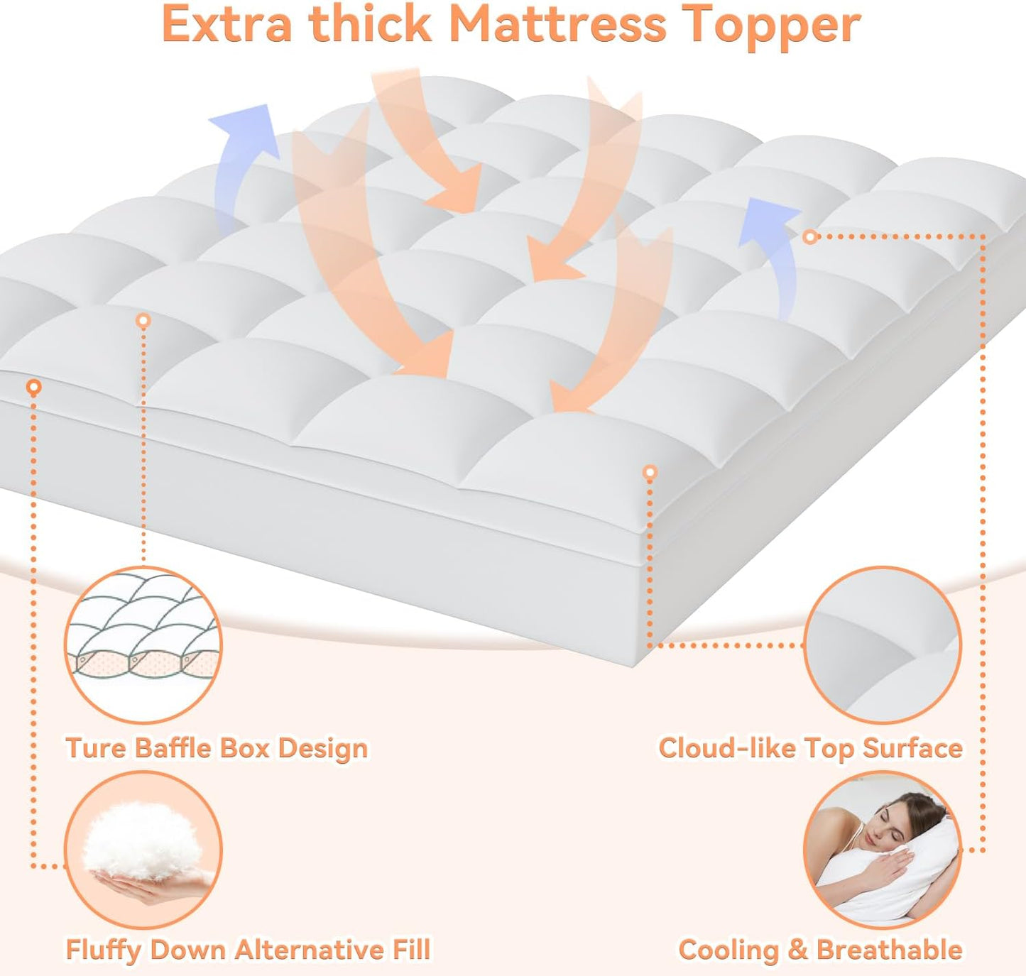 Topllen Twin XL Mattress Topper for Back Pain Relief, Extra Thick Pillow Top Plush Mattress Pad with Deep Pocket, Soft Pillowtop TwinXL Size Bed Toppers Filled Fluffy, College Dorm, White