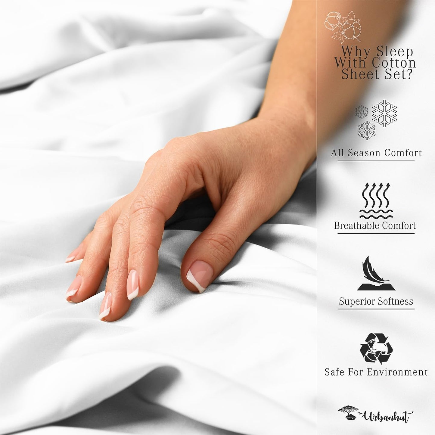 URBANHUT 1000 Thread Count Egyptian Cotton Sheets King Size, Long Staple Soft & Breathable, 4 Pc Bed Sheet Sets, Luxury Hotel Sateen Sheets Fits 16" Deep Pocket - White