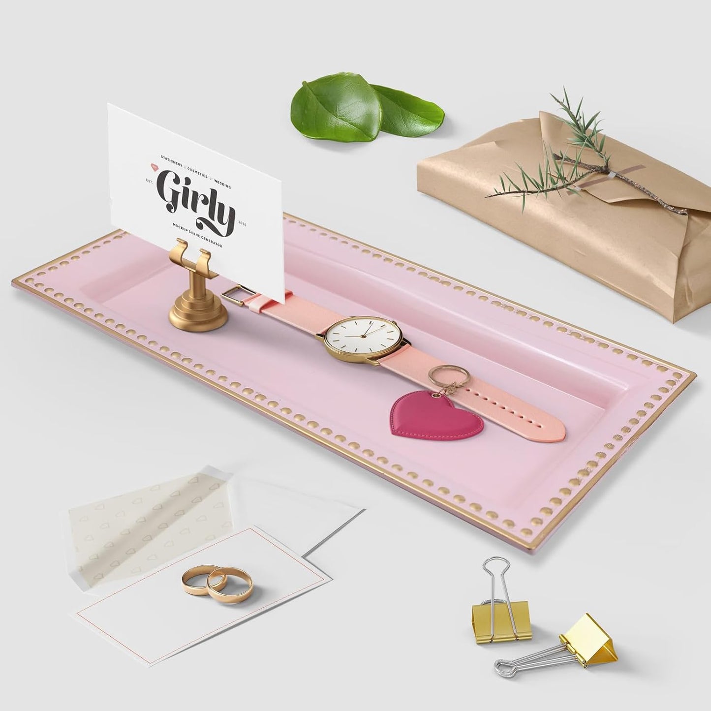 2 Pack Pink Bathroom Vanity Tray for Countertop with Beads, Small Plastic Toilet Tank Versatile Storage Organization Tray for Makeup, Perfume, Desk, Kitchen, Candles, 14"x7"x1", 36P