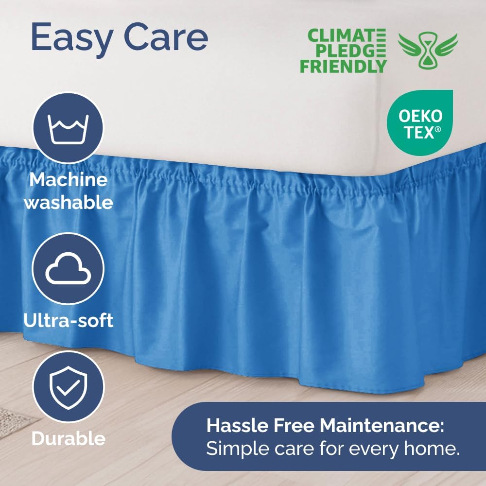 Wrap Around Dust Ruffle Bed Skirt - Royal Blue - for King Size Beds w/ 12 Inch Drop - Easy Fit Elastic Strap - Adjustable Pleated Bedskirt w/Brushed Fabric - Wrinkle Free, Women, Men, Kids & Teens