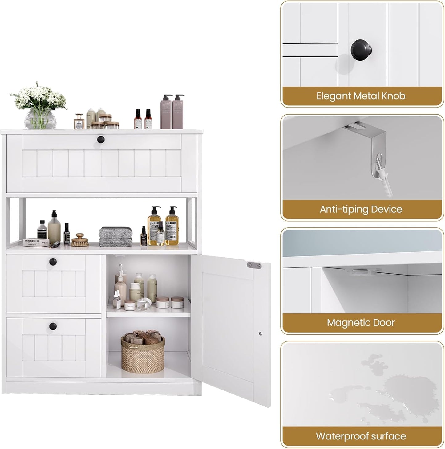 Bathroom Cabinet, Modern Bathroom Floor Storage Cabinet Organizer with 3 Drawers and Adjustable Shelves, Home Furniture for Multifunction in Living Room, Hallway, Kitchen, White