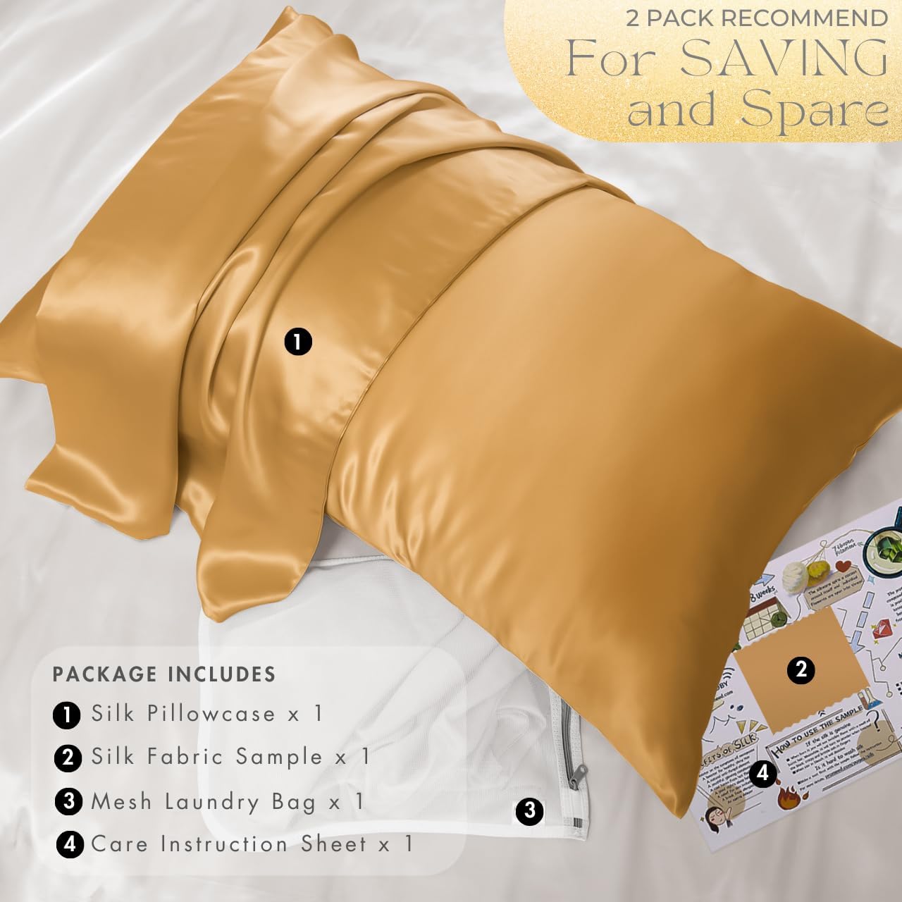 PROMEED 23 Momme Mulberry Silk Pillowcase for Hair and Skin - Both Sides Premium Natural Silk Pillow Case, Grade 6A+ Soft Cooling Pillow Cases, 1pc (King 20"x36", Gold)