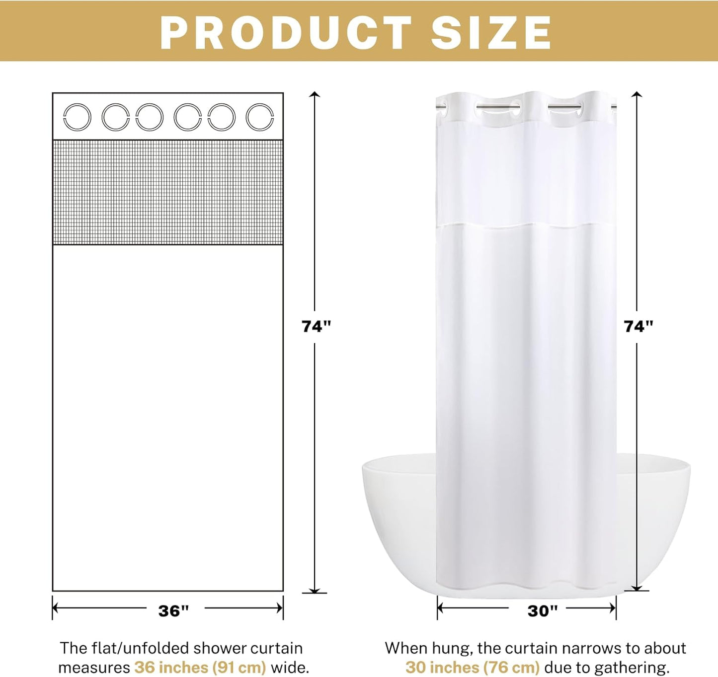 Stall No Hook Shower Curtain with Snap in Liner, Polyester Textured Shower Curtain with Liner Set, Waterproof Washable Hotel Style Shower Curtains for Bathroom, 36Wx74H, White