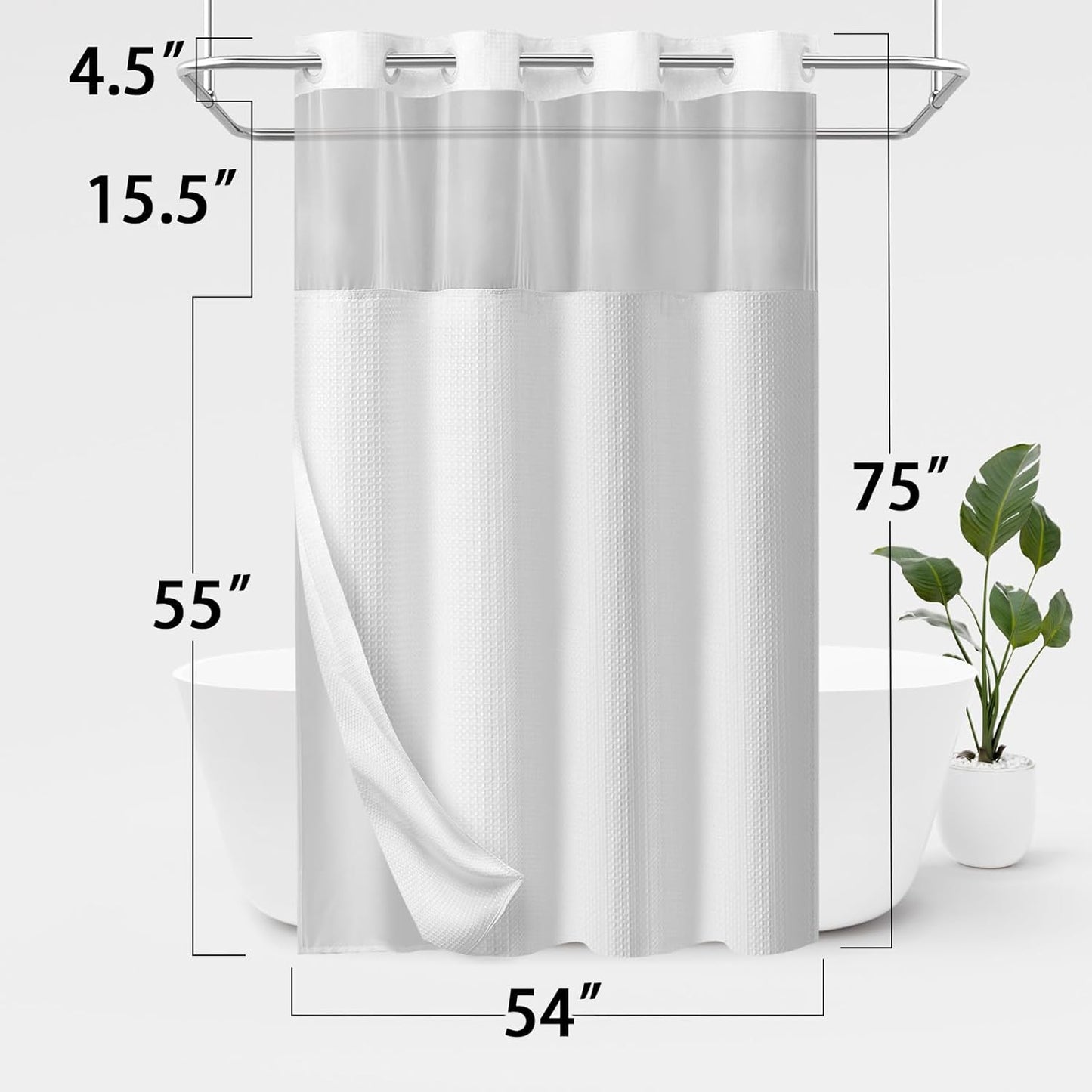 YellyHommy No Hook Shower Curtain with Snap in Fabric Liner Set Less Time White Waffle Shower Curtain for Bathroom 75" L x 54" W