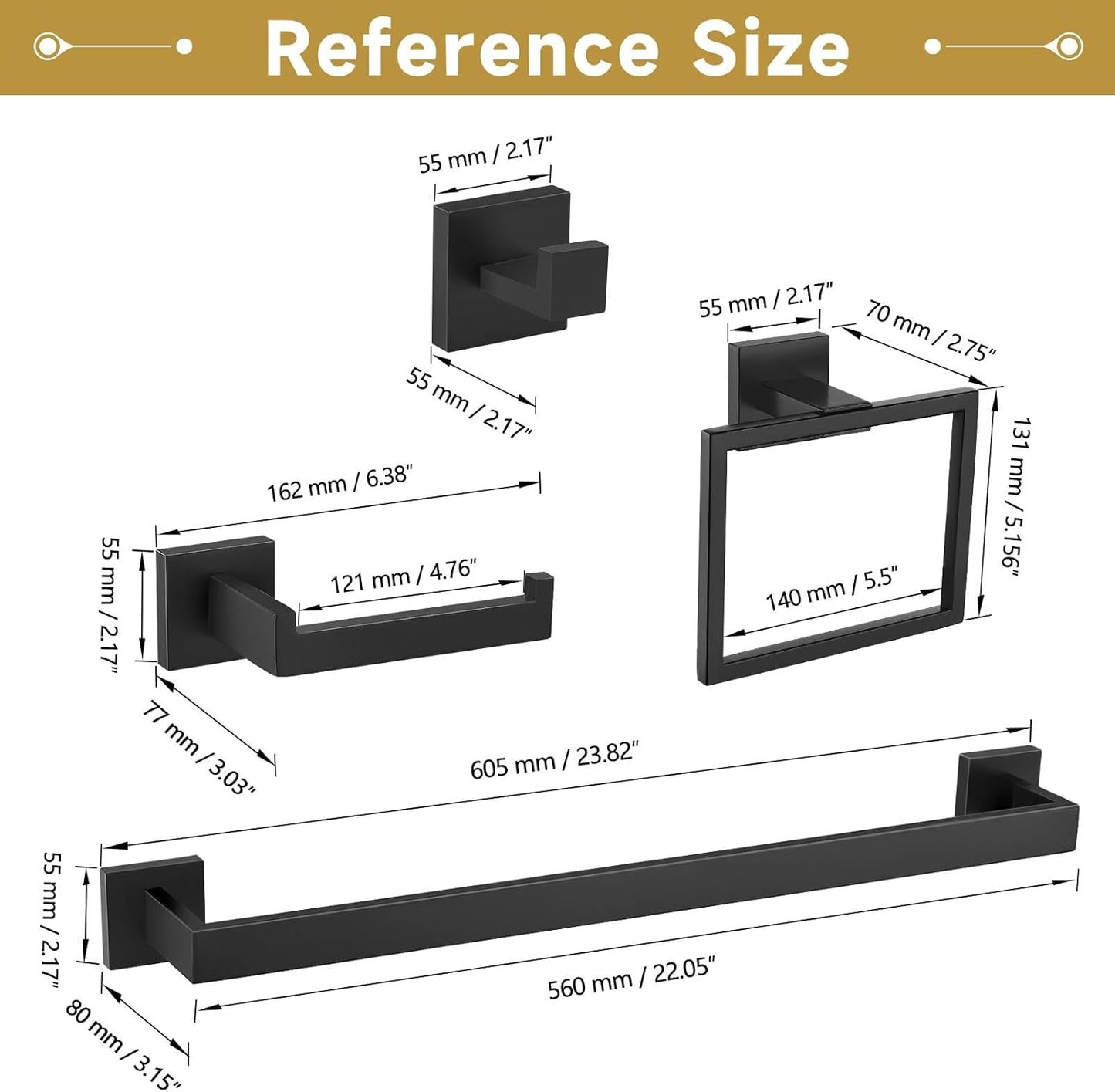 10 Pieces Bathroom Hardware Accessories Set Black Towel Bar Set Towel Holder Racks Set for Bathroom,SUS304 Stainless Steel,Wall Mounted 23.6-Inch