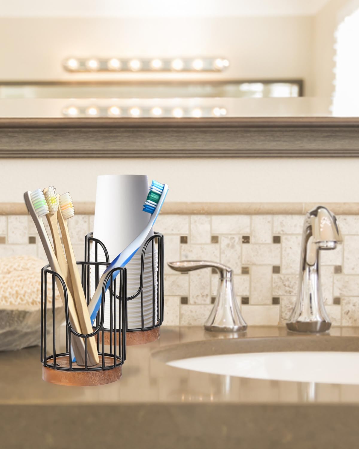 2PCS Rural Style Bathroom Cup Dispenser, Small Disposable Paper Cup Holder, 3oz Disposable Mouthwash Cup Storage Rack, Iron Bathroom Organizer