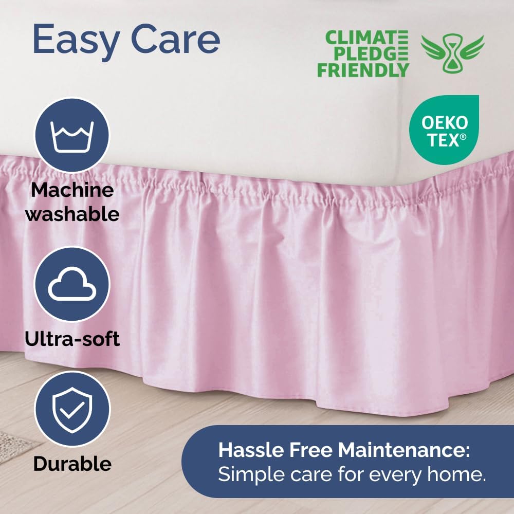 Wrap Around Dust Ruffle Bed Skirt - Light Pink - Twin/Twin XL Size Beds with 12 Inch Drop - Elastic Strap - Adjustable Pleated Bedskirt with Brushed Fabric and Wrinkle Free - Women, Men, Kids & Teens