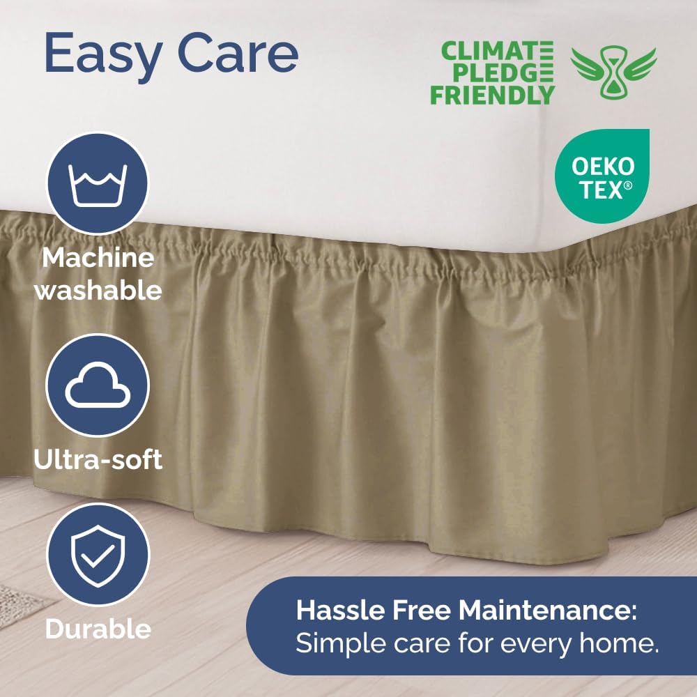 Wrap Around Dust Ruffle Bed Skirt - Khaki - for Full Size Beds w/ 12 Inch Drop - Easy Fit Elastic Strap - Adjustable Pleated Bedskirt w/Brushed Fabric - Wrinkle Free - for Women, Men, Kids & Teens