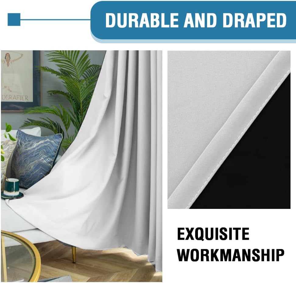 H.VERSAILTEX 100% Blackout Curtains for Bedroom Thermal Insulated Blackout Curtains 84 Inches Long Rod Pocket Window Drapes for Living Room with Black Liner 2 Panels Set, Greyish White