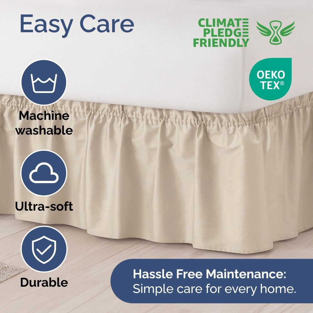 Wrap Around Dust Ruffle Bed Skirt - Wheat - for Queen Size Beds w/ 12 Inch Drop - Easy Fit Elastic Strap - Adjustable Pleated Bedskirt w/Brushed Fabric - Wrinkle Free - for Women, Men, Kids & Teens