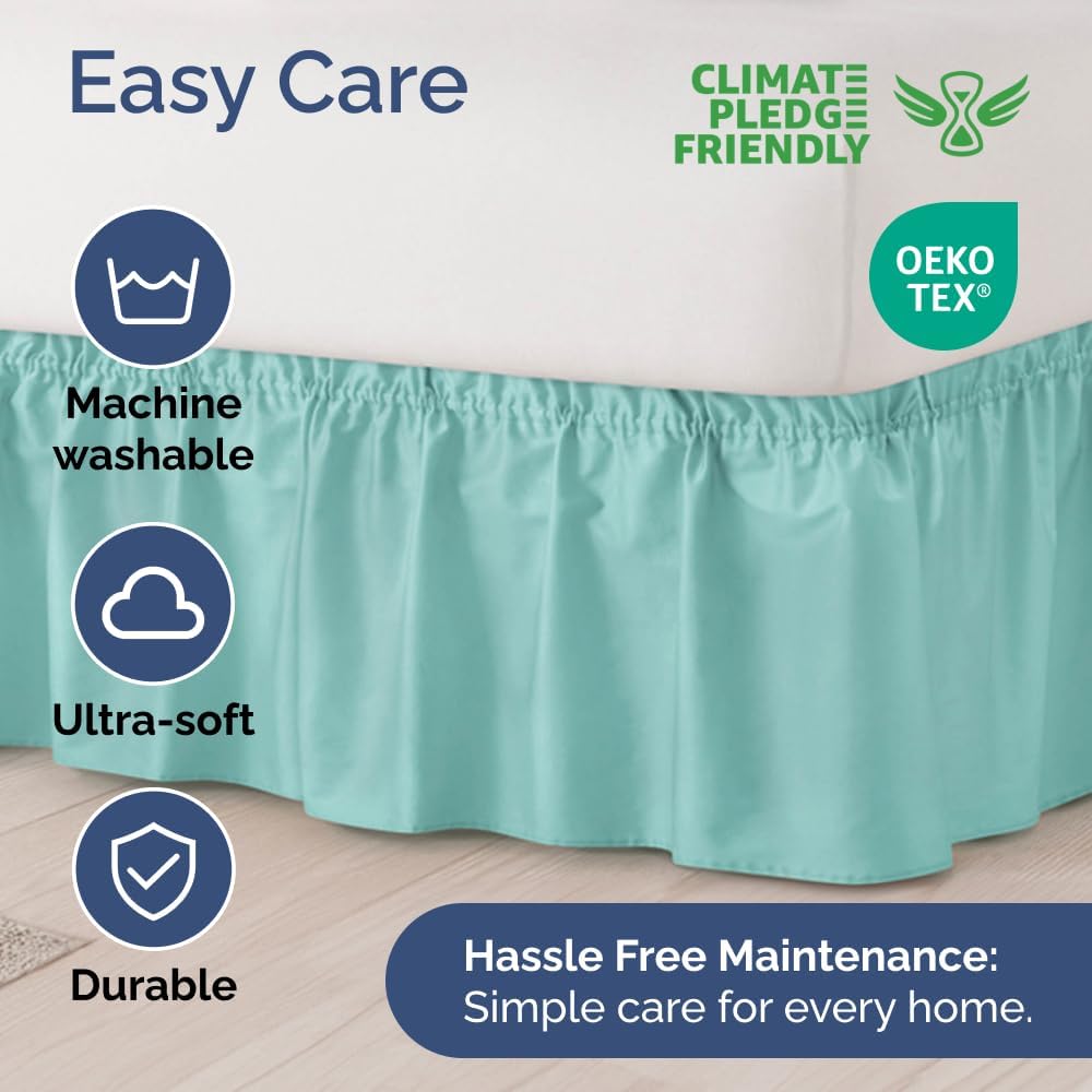 Wrap Around Dust Ruffle Bed Skirt - Spa Blue - for Queen Size Beds with 12 Inch Drop - Elastic Strap - Adjustable Pleated Bedskirt with Brushed Fabric and Wrinkle Free - for Women, Men, Kids & Teens