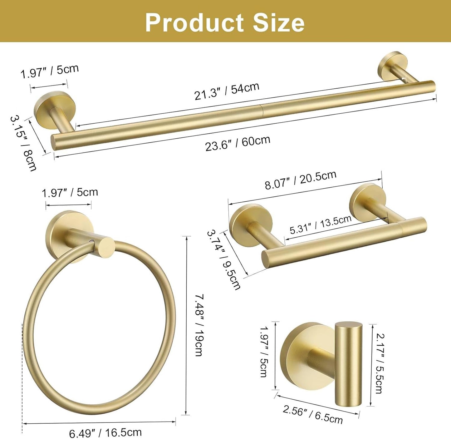 10 Pieces Brushed Gold Bathroom Hardware Towel Bar Set for Bathroom Wall, 23.6Inch Bathroom Accessories Set Upgraded Bathroom Towel Holder, Stainless Steel Towel Racks Bathroom Wall Mounted