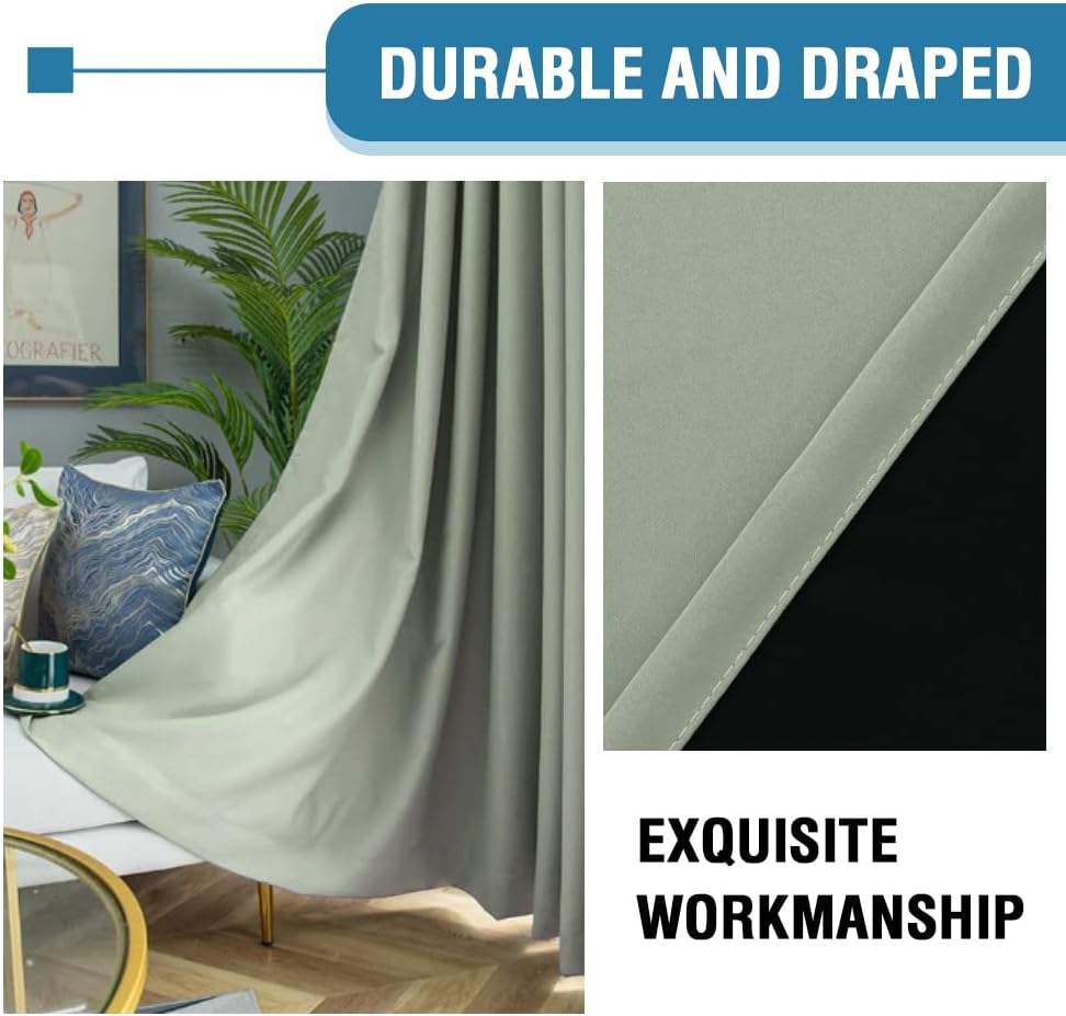 H.VERSAILTEX 100% Blackout Curtains for Bedroom Thermal Insulated Curtains & Drapes Blackout Curtains 84 Inches Long Rod Pocket Curtains for Living Room with Black Liner 2 Panels Set, Light Sage