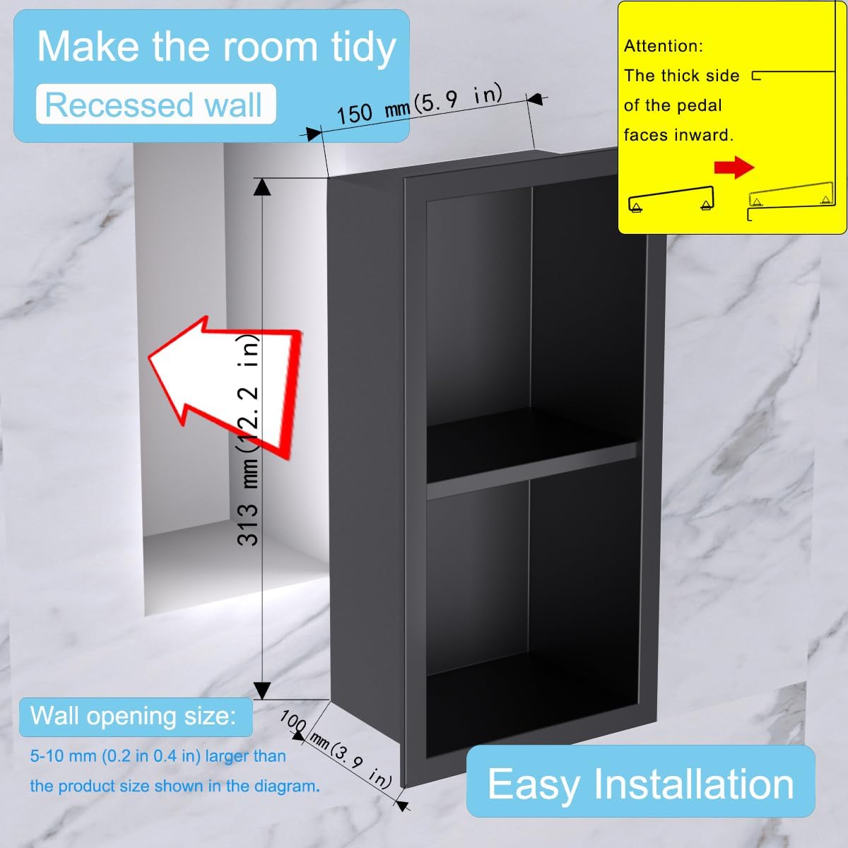 Shower Foot Rest for for Shaving Legs,Double Bathroom Selves Niche Insert for Footrest,Foot Holder Bathroomr,Stainless Steel 304,Matte Black,12.2 in x 4.8 in x 3.9 in