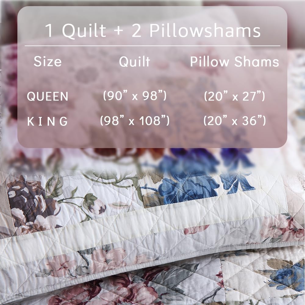 Cotton Bedspread Quilt Bedding Sets 3 Pieces Reversible Coverlet Sets Comforters Vintage Floral Patchwork White Bedspread, Queen Size