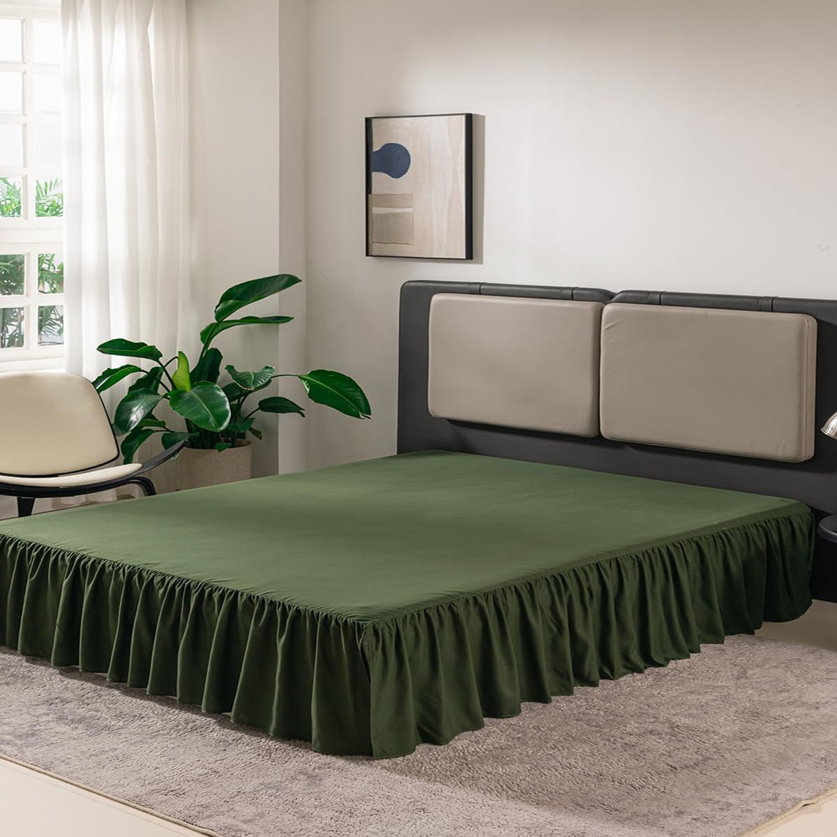Bed Skirt Queen Size Ruffled Bed Skirt with Split Corners, 16 Inch Drop Dust Ruffle Bed Skirts with Platform, Green