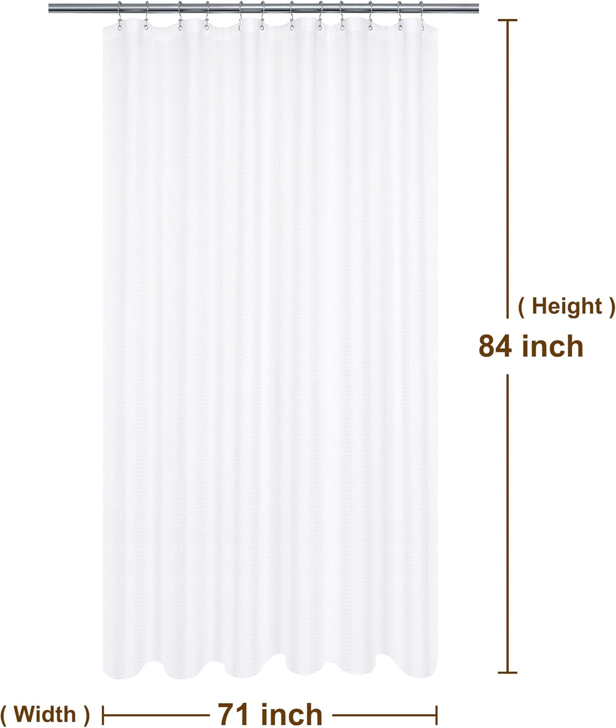 Extra Long Shower Curtain with 84 inch Height, Fabric, Waffle Weave, Hotel Luxury Spa, Water Repellent, Machine Washable, 230 GSM Heavy Duty, White Pique Pattern Decorative Bathroom Curtain