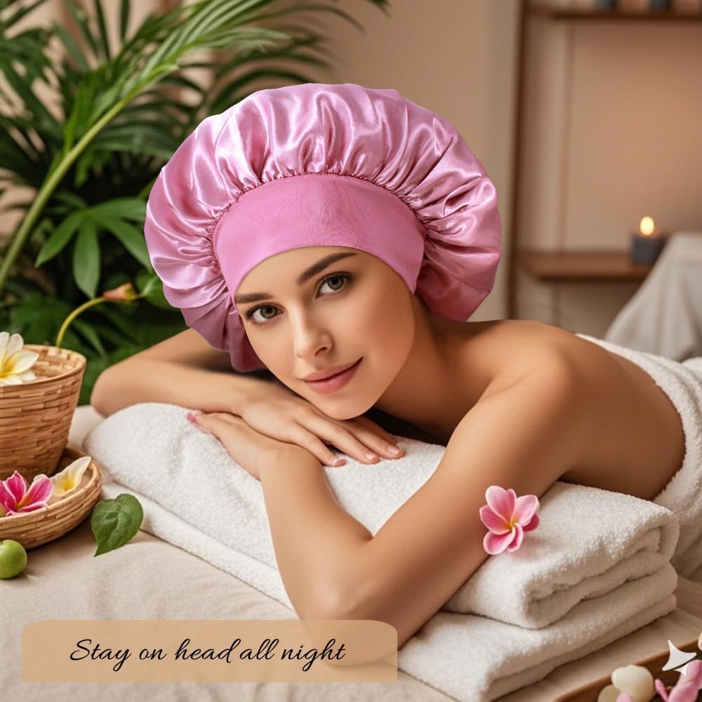 3+3 Large Satin Bonnets with Scrunchies for Women, Wide Band Hair Bonnet for Sleeping Braids Curly Hair