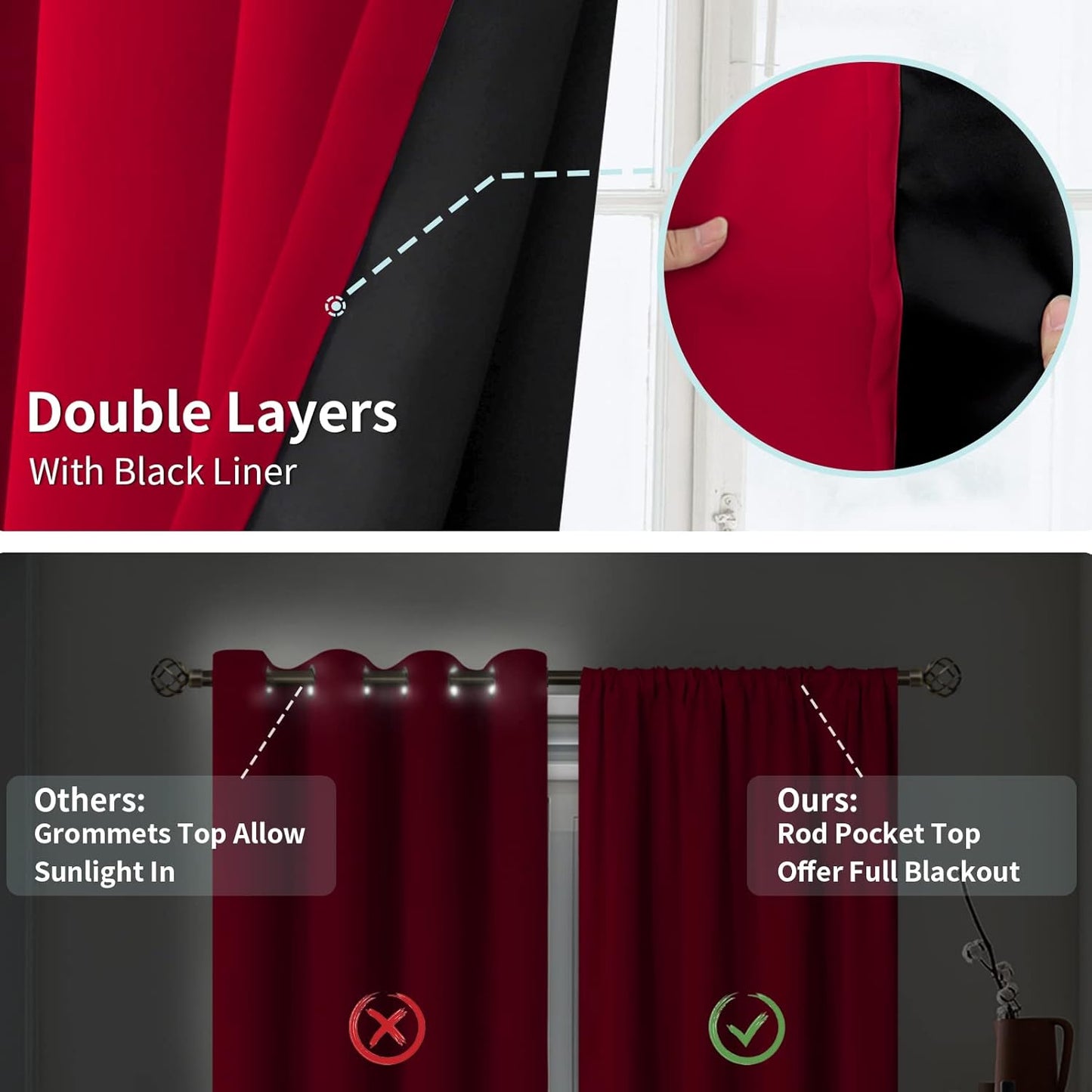 BGment Blackout Curtains for Bedroom 63 Inch Length 2 Panels Set, Thermal Insulated Bedroom Curtains Christmas Window Curtains Rod Pocket Room Darkening Drapes, 42 x 63 Inch, Red
