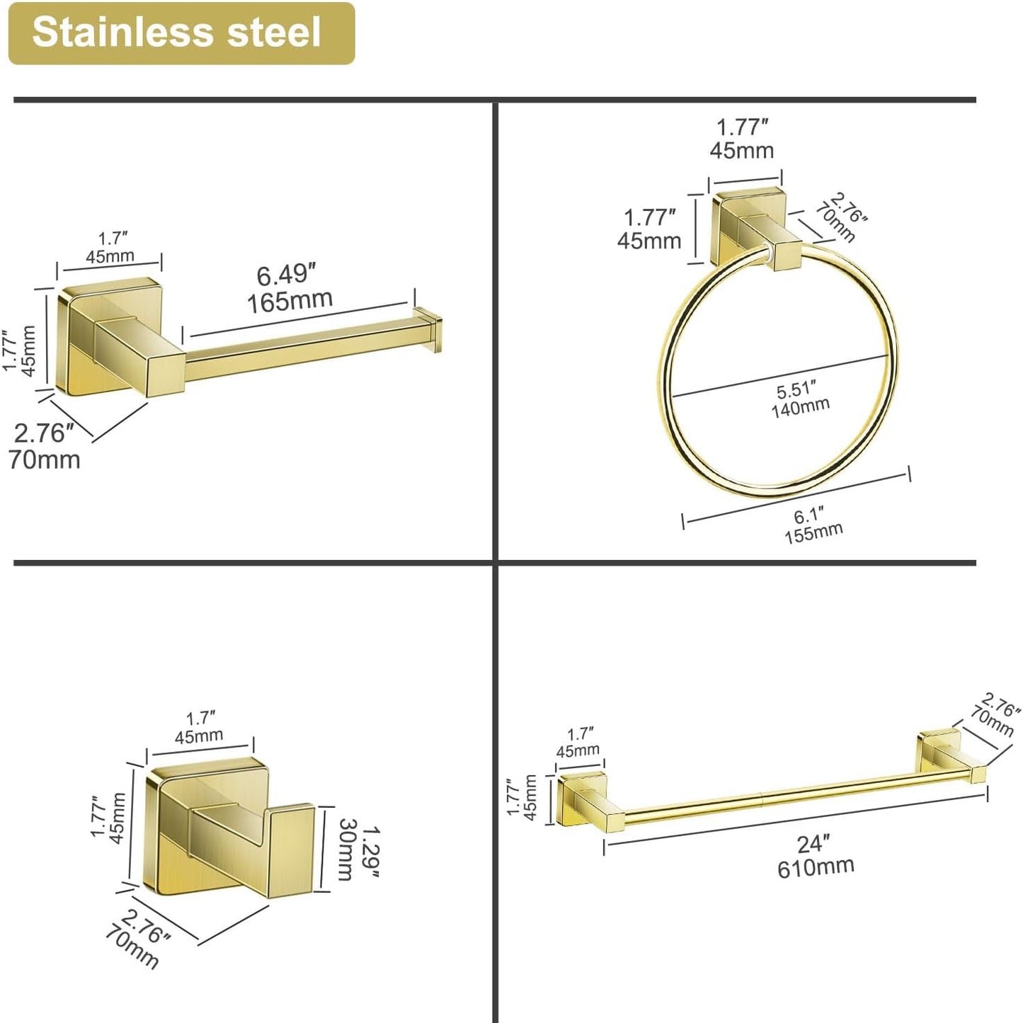 Bathroom Hardware Set 4 Pieces, Stainless Steel Gold Towel Bar Set, Includes 24In Towel Bar, Towel Ring, Robe Towel Hooks,Toilet Paper Holder, Bathroom Towel Rack Set