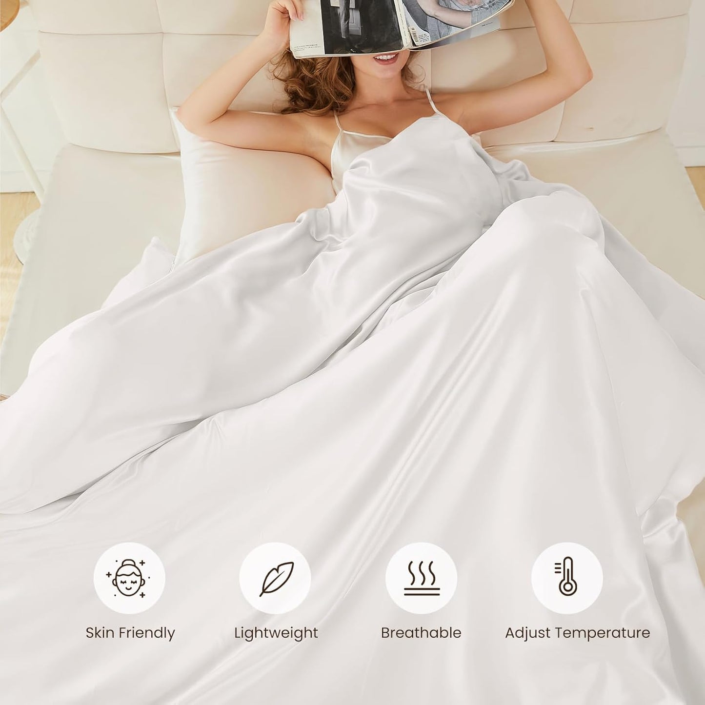THXSILK 100% Pure Mulberry Silk Duvet Cover Set 3 Piece, 6A+ Grade Luxury Soft Bedding Silk Sheets for Hair and Skin, 1 Pcs Duvet/Quilt/Comforter Cover with 2 Zippered Pillowcases (Cream White, King)