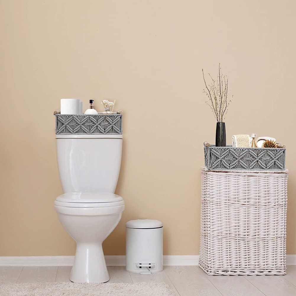 Macrame Storage Basket Boho Decor Baskets for Organizing Woven Decorative for Countertop Toilet Paper Basket for Tank Top for Home Decor Bedroom Nursery Livingroom Entryway (Set of 2,Grey)