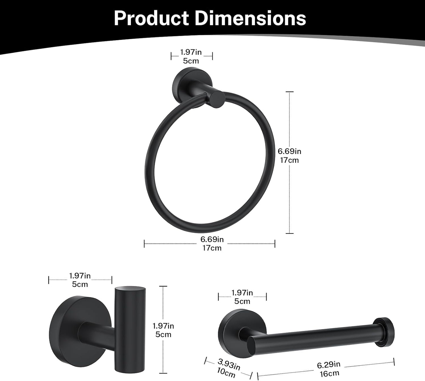 4-Piece Matte Black Bathroom Hardware Accessories Set,Black Towel Ring Set Toilet Paper Holder,Robe Hooks,Stainless Steel Wall Mounted Rustproof Modern Bathroom Set