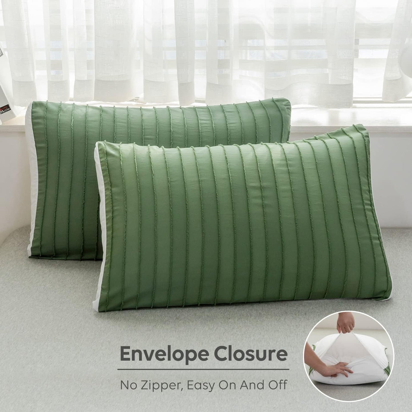 JELLYMONI Duvet Cover Queen Size Green and White - 3PCS Boho Striped Duvet Cover Set Polyester Tufted Bohemian Textured Comforter Cover with Corner Ties & Zipper Closure