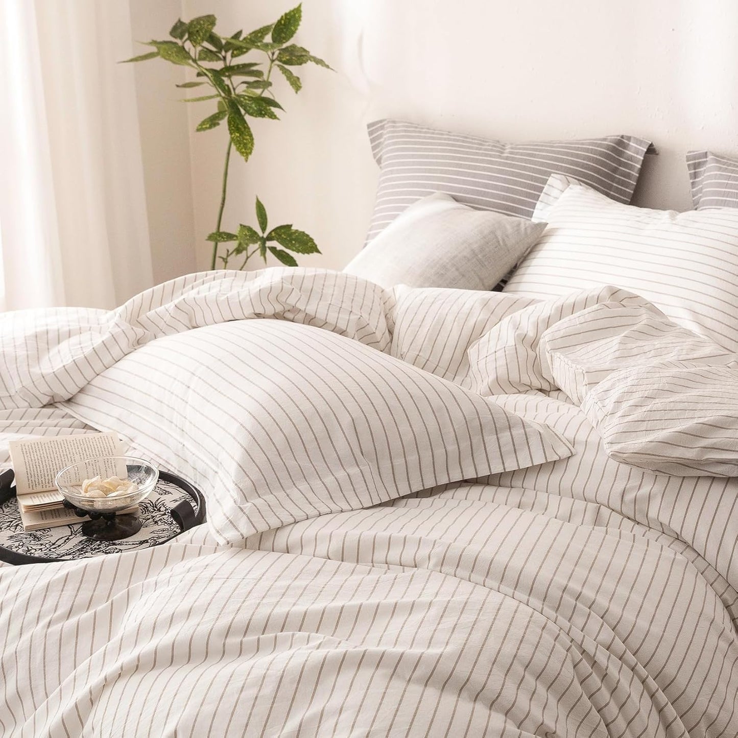 Stripe Duvet Cover Super Queen Size 98inch x 90inch,100% Washed Cotton Linen Feel Duvet Cover with Zipper Closure and 2 Pillowcases, Color of Off White-Linen Grey Stripe