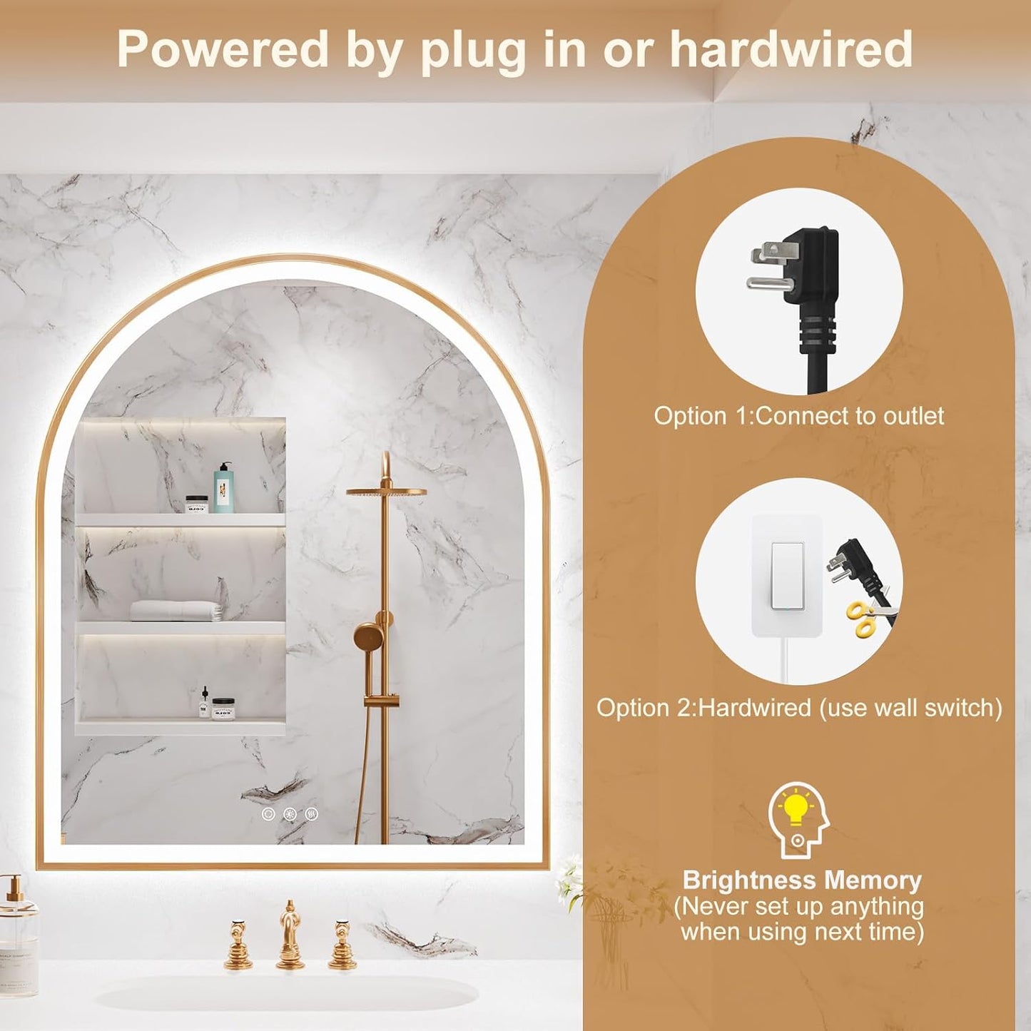 Arched LED Mirror for Bathroom 30"x36", Orange Gold LED Bathroom Mirror with Lights-Fogless, Dimmable, 3 Color Changing, Shatterproof, Touch Sensor