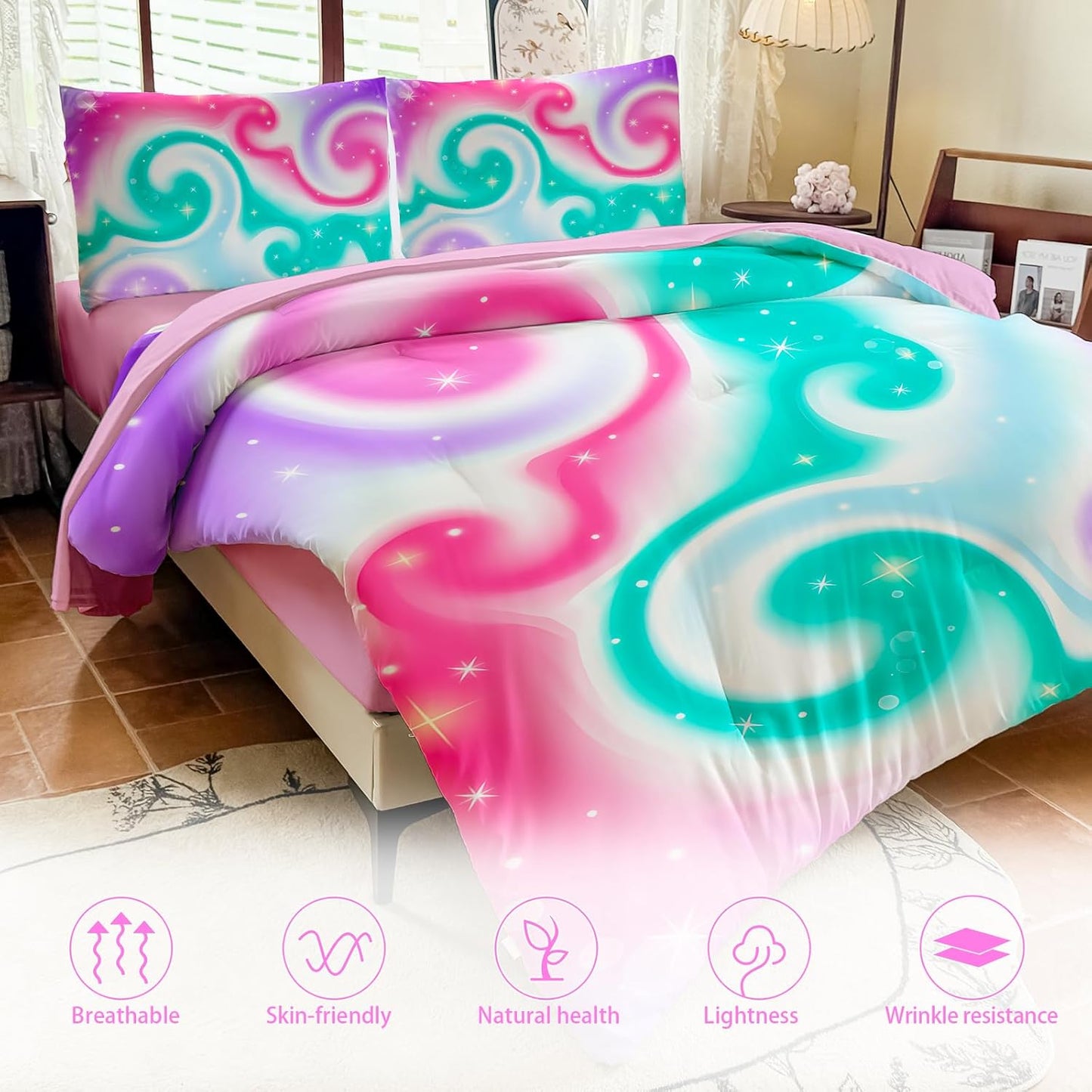 Girls Full Size Bedding Sets Rainbow Bedding โ 5 Piece Comforter Set Full, Gradient and Colorful Galaxy Comforter for All-Season โ Machine Washable, Durable โ Gift Idea for Boys and Girls Room