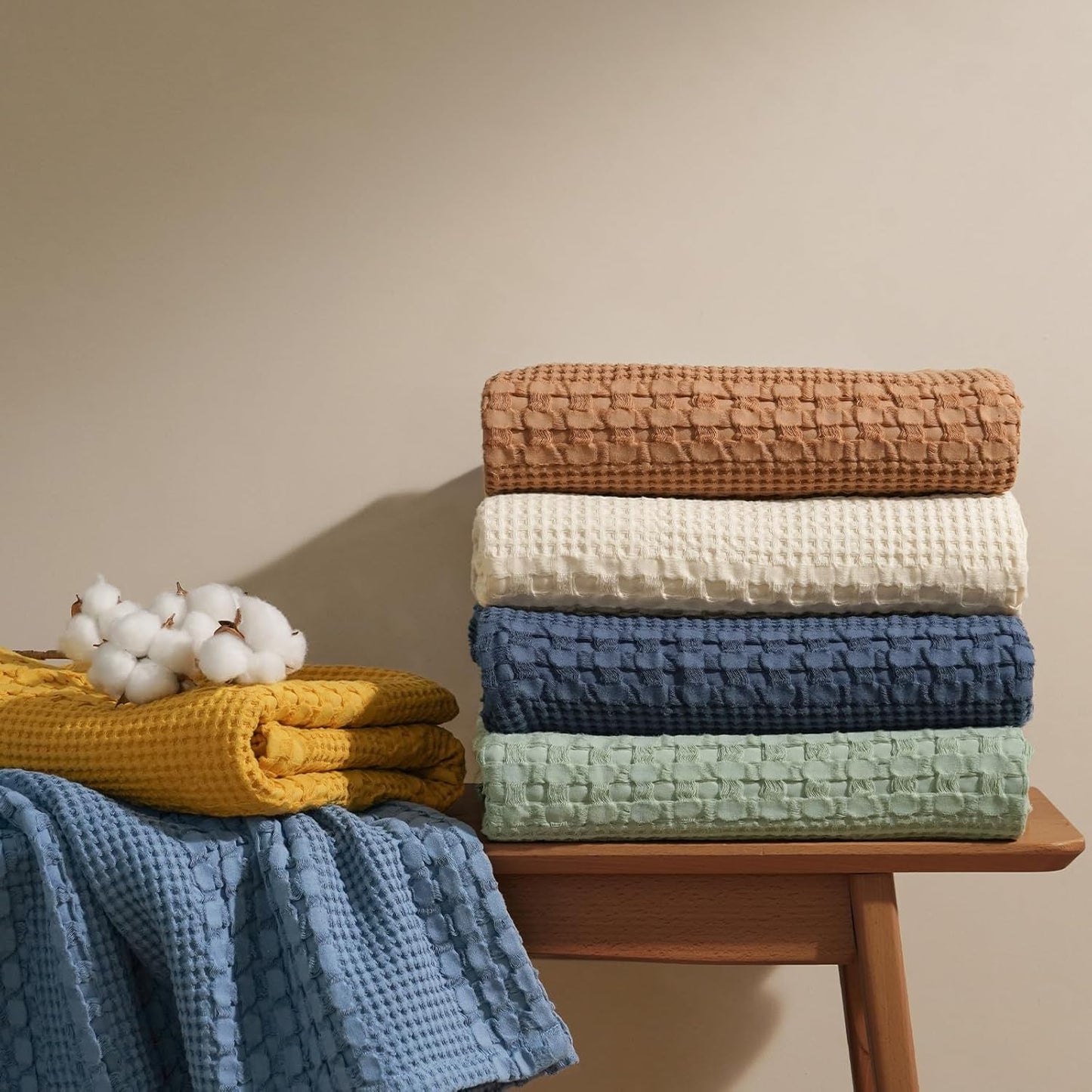 PHF 100% Cotton Waffle Weave Blanket Queen Size for Bed, Soft Lightweight & Breathable, All-Season Comfort, Luxury Aesthetic Woven Bedding for Home Decor, 90"x90", Clay