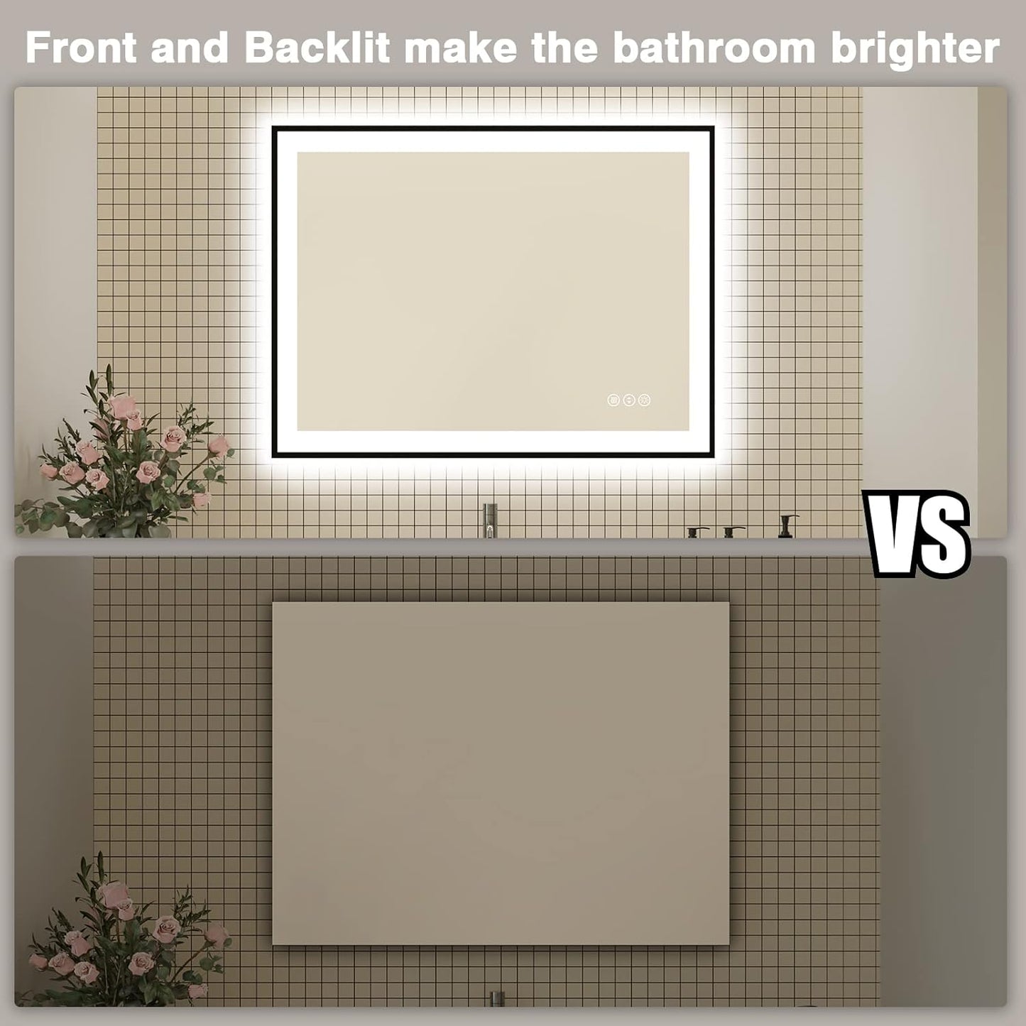 48x36 LED Bathroom Mirrors for Wall - Black Aluminum Framed(Front and Backlit),Anti-Fog Vanity Mirror with Lights,Stepless Dimmable Lighted Mirror,3 Colors Smart Mirror(Horizontal/Vertical)