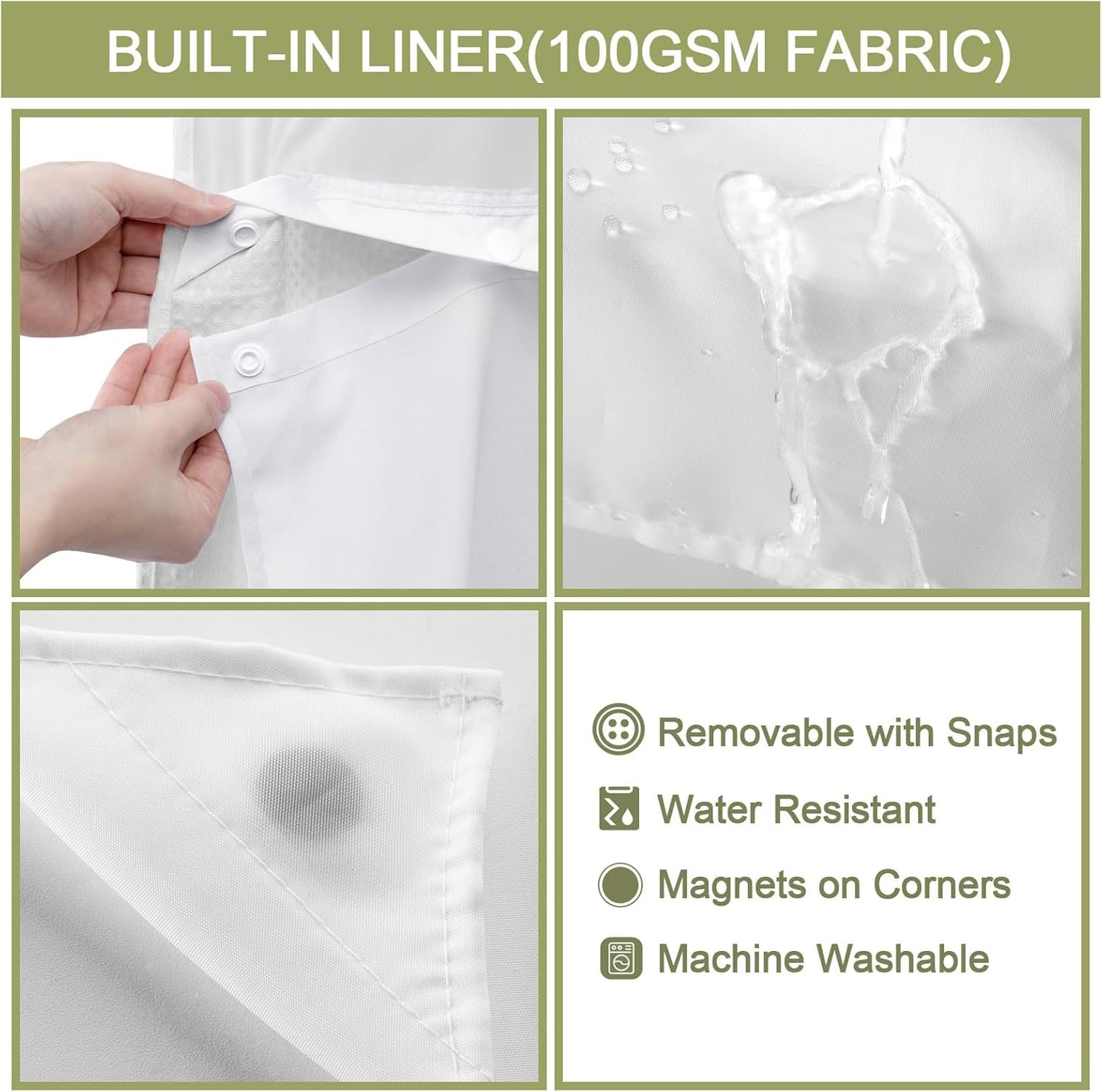 YellyHommy Waterproof Fabric Snap in Shower Curtain Liner Replacement with 2 Magnets 71" W x 61" L for 72" W x 81" L No Hook Shower Curtain - Removable & Detachable to Wash - White