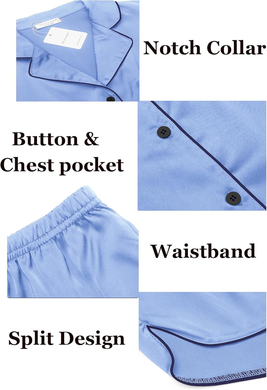 Ekouaer Pajamas for Women Set Silk Satin Pjs Shorts Sleepwear 2 Piece Loungewear S-XXL