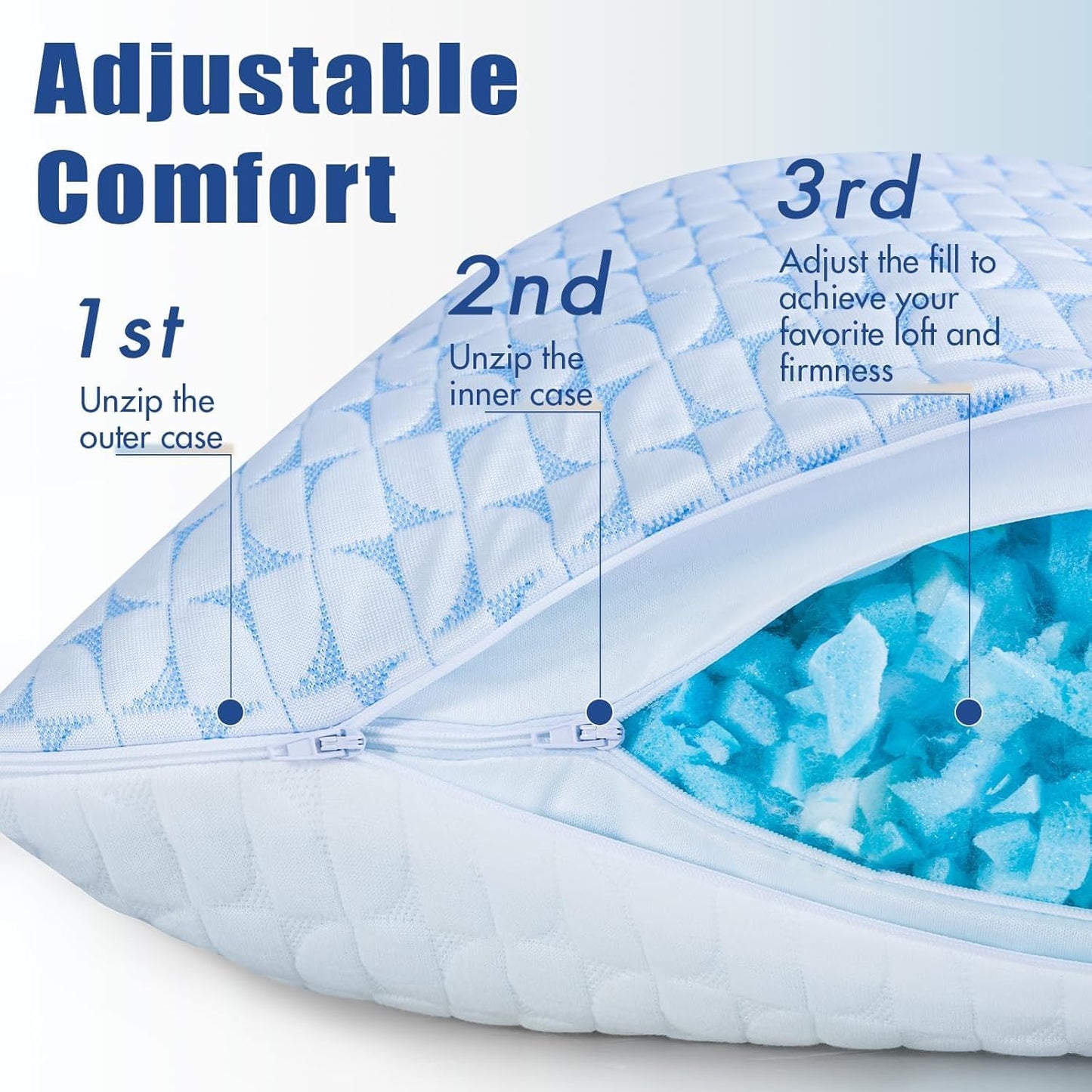 QUTOOL Cooling Firm Side Sleeper Pillow, Adjustable Shredded Memory Foam for Side Back Stomach Sleepers, Supportive Neck Support Pillow with Washable Cover, Standard Size, CertiPUR-US Certified