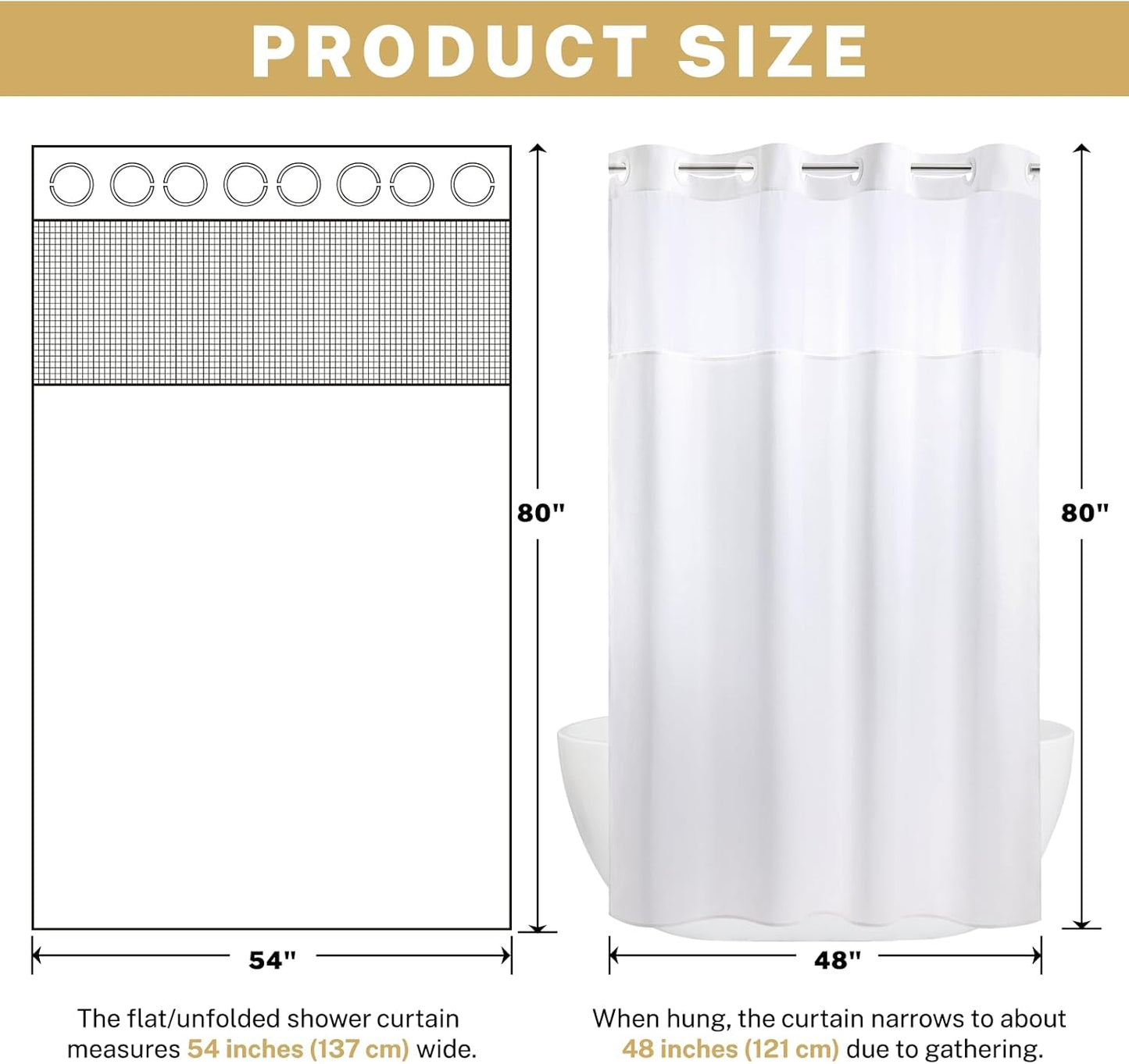 Small No Hook Shower Curtain with Snap in Liner, Polyester Textured Shower Curtain with Liner Set, Waterproof Washable Hotel Style Shower Curtains for Bathroom, 54Wx80H, White