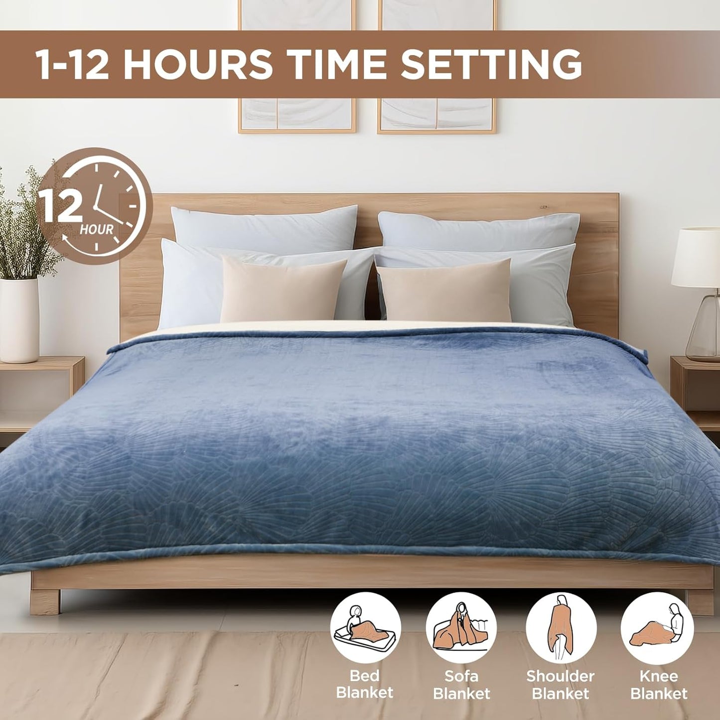 Westinghouse Electric Blanket Twin, Flower Jacquard Heated Blanket Twin Size with 10 Heating Levels and 1-12 Hours Auto-Off, Flannel to Sherpa Reversible, Machine Washable (62" x 84", Blue)