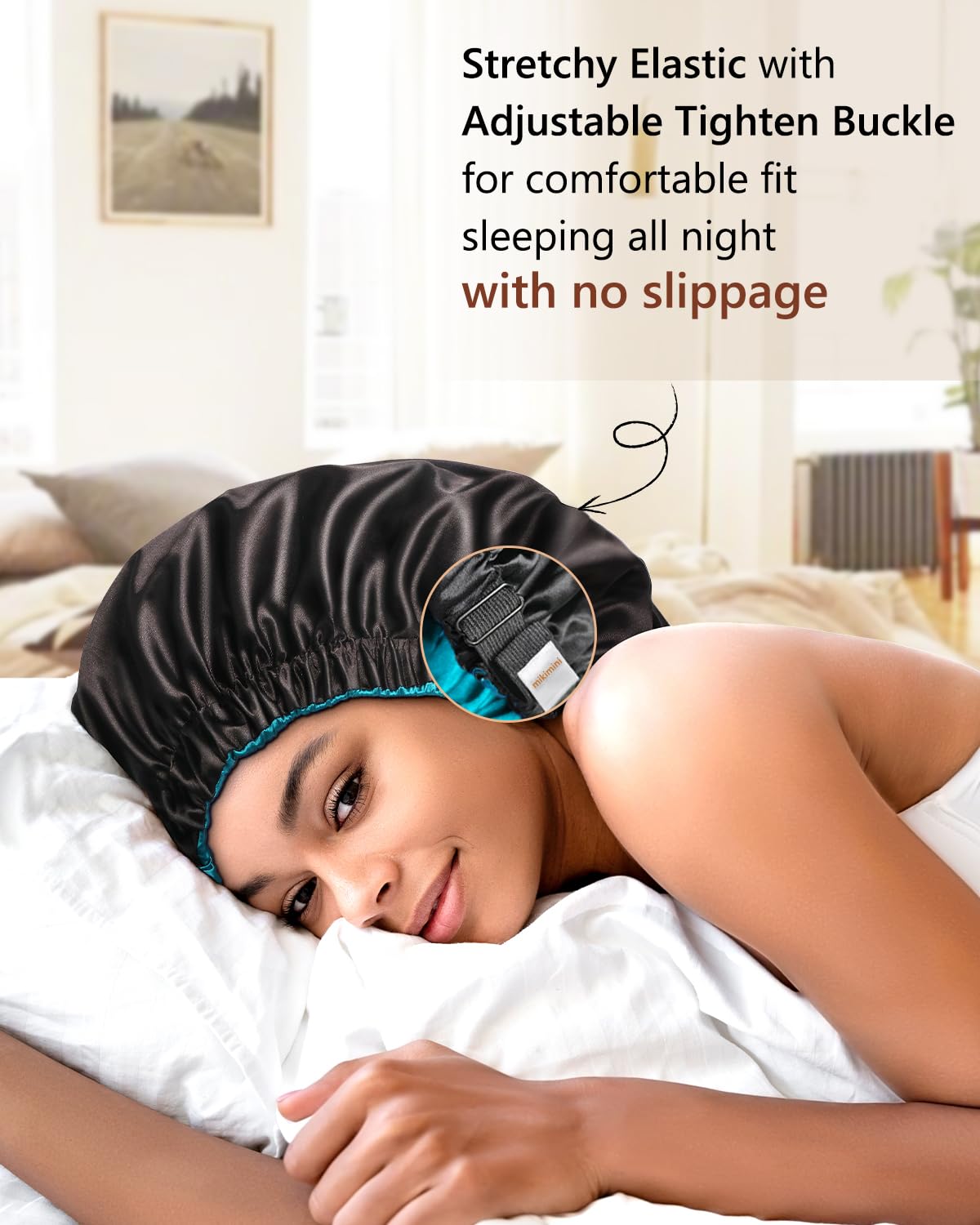 mikimini Satin Bonnet for Men and Women, Reversible Double Layer Sleeping Bonnet for Hair Braids with Anti-slip Adjustable Elastic Band Super Soft (XL, Black/Blue)