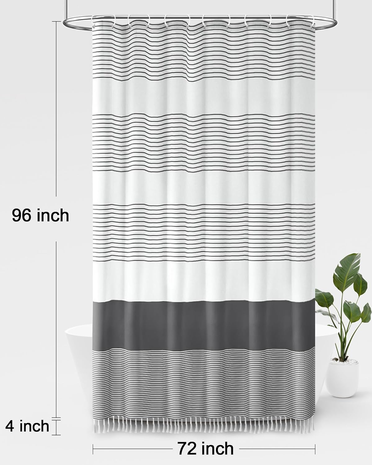 Awellife Gray Shower Curtain for Bathroom Stripe Tassel Shower Curtain 72 X 96 Farmhouse Cotton Boho Dark Grey
